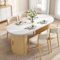 IRONCK 71' Oval Dining Table for 4-8, Modern Farmhouse Dining Table with Hidden Storage & Fluted Base, 1.6' Thick Faux Quartz Top, Dinner Table for Dining Room Kitchen Home Office, Oak