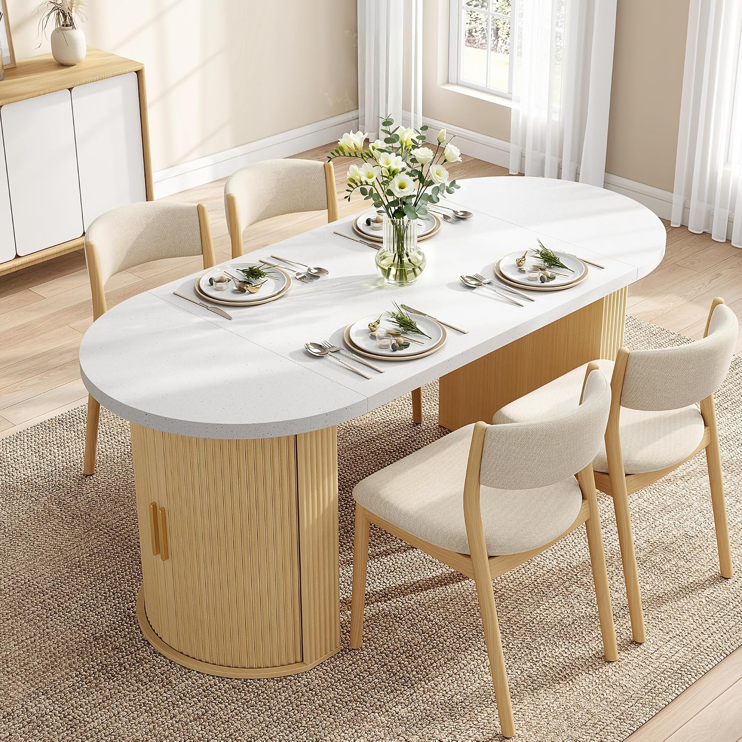 IRONCK 71' Oval Dining Table for 4-8, Modern Farmhouse Dining Table with Hidden Storage & Fluted Base, 1.6' Thick Faux Quartz Top, Dinner Table for Dining Room Kitchen Home Office, Oak