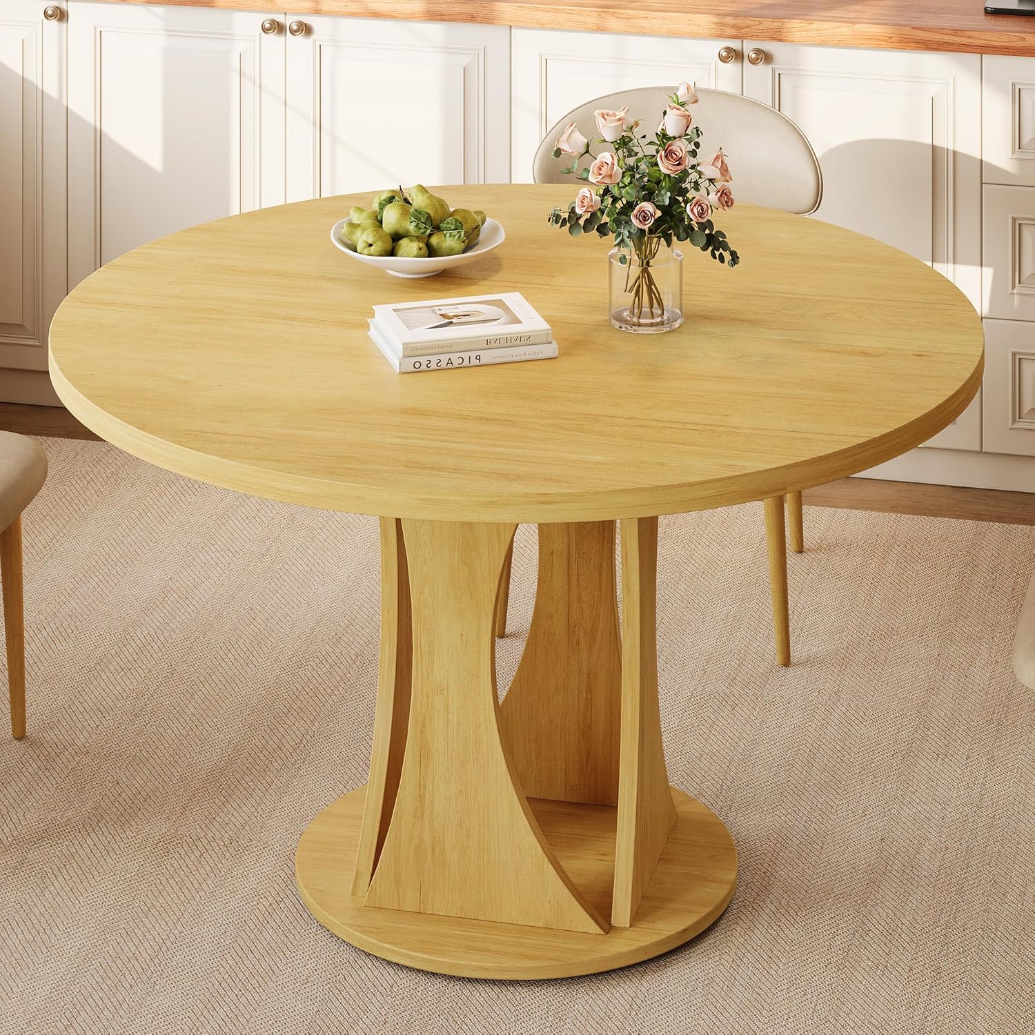 Einhomn Round Dining Table for 4-6, Kitchen Table with Sturdy Double Arc & Rounded Base & Backboard Clasp Desktop, Mid-Century Modern Circle Dinner Table for Dining Living Room, Space Saving, Natrual