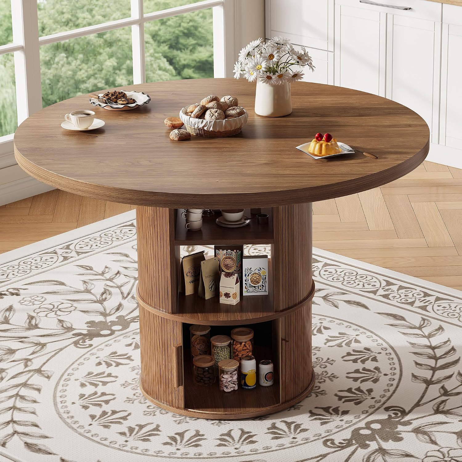 43' Round Dining Table with Storage Shelf, Farmhouse Modern Kitchen Table for 4-6, Circular Wood Dining Room Table for Small Spaces, Space Saving Pedestal Table for Apartment & Breakfast Nook, Walnut