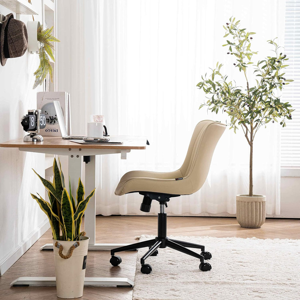 YOUNIKE Ergonomic Home Office Desk Chair with Wheels Comfy Armless Criss Cross Chair with Adjustable Back Modern Leather Upholstered Swivel Vanity Chair Small Cute Rolling Task Chair for Women Beige