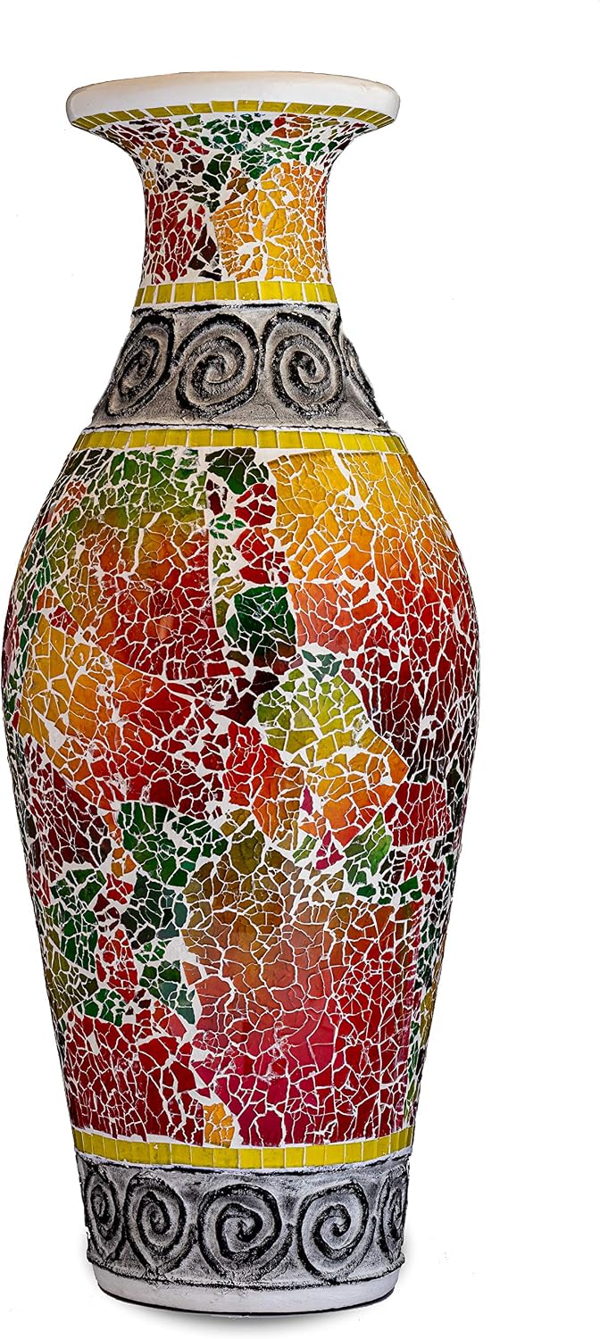 Floor Vase, 18 Inch Mosaic Vase – Tall Cylinder Made of Terracotta with Red and Green Multicolored Glass Mosaic Pieces – Handcrafted Decorative Home Décor Accent Piece for Bedroom, Living Room
