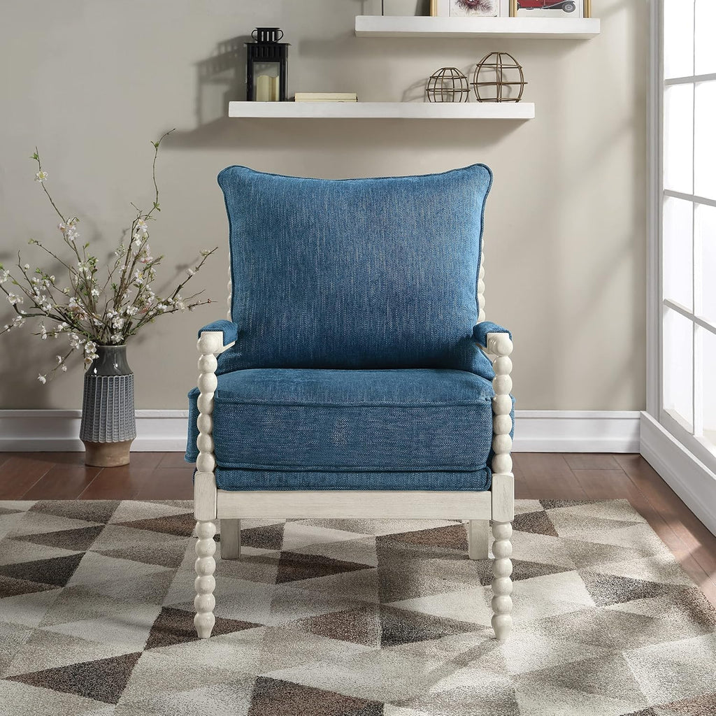 OSP Home Furnishings Kaylee Spindle Accent Chair with Antique White Wood Frame, Navy Blue Fabric