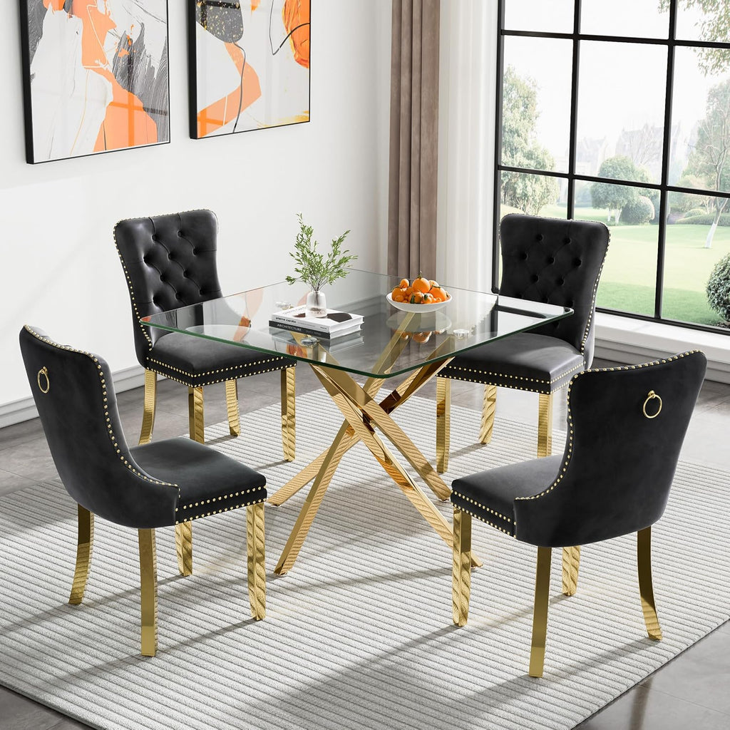 36' Square Dining Table for 4, Modern Clear Glass Kitchen Table for 4 with Gold X Metal Legs, Contemporary Small Glass Dining Room Leisure Tables for Kitchen Apartment