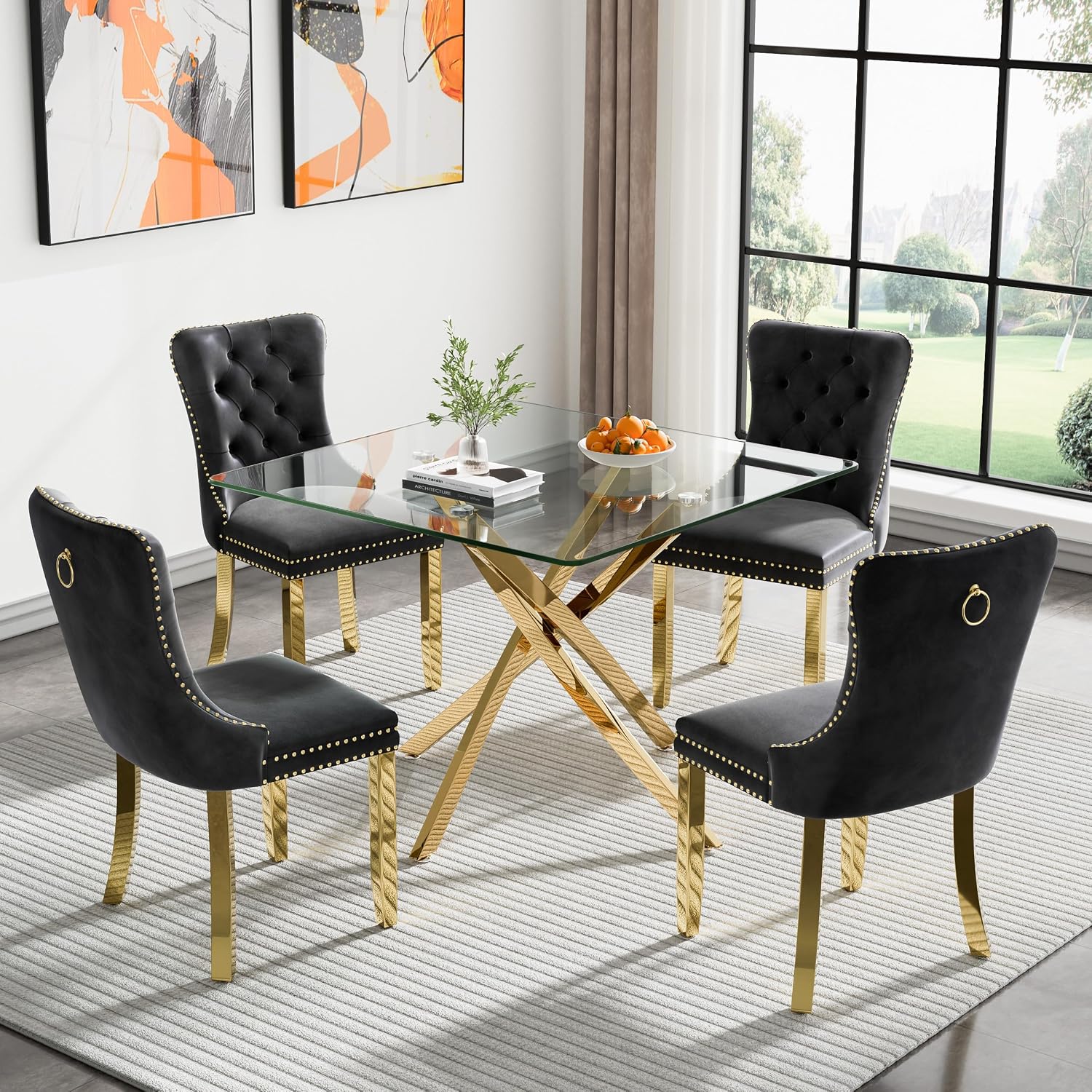 36' Square Dining Table for 4, Modern Clear Glass Kitchen Table for 4 with Gold X Metal Legs, Contemporary Small Glass Dining Room Leisure Tables for Kitchen Apartment