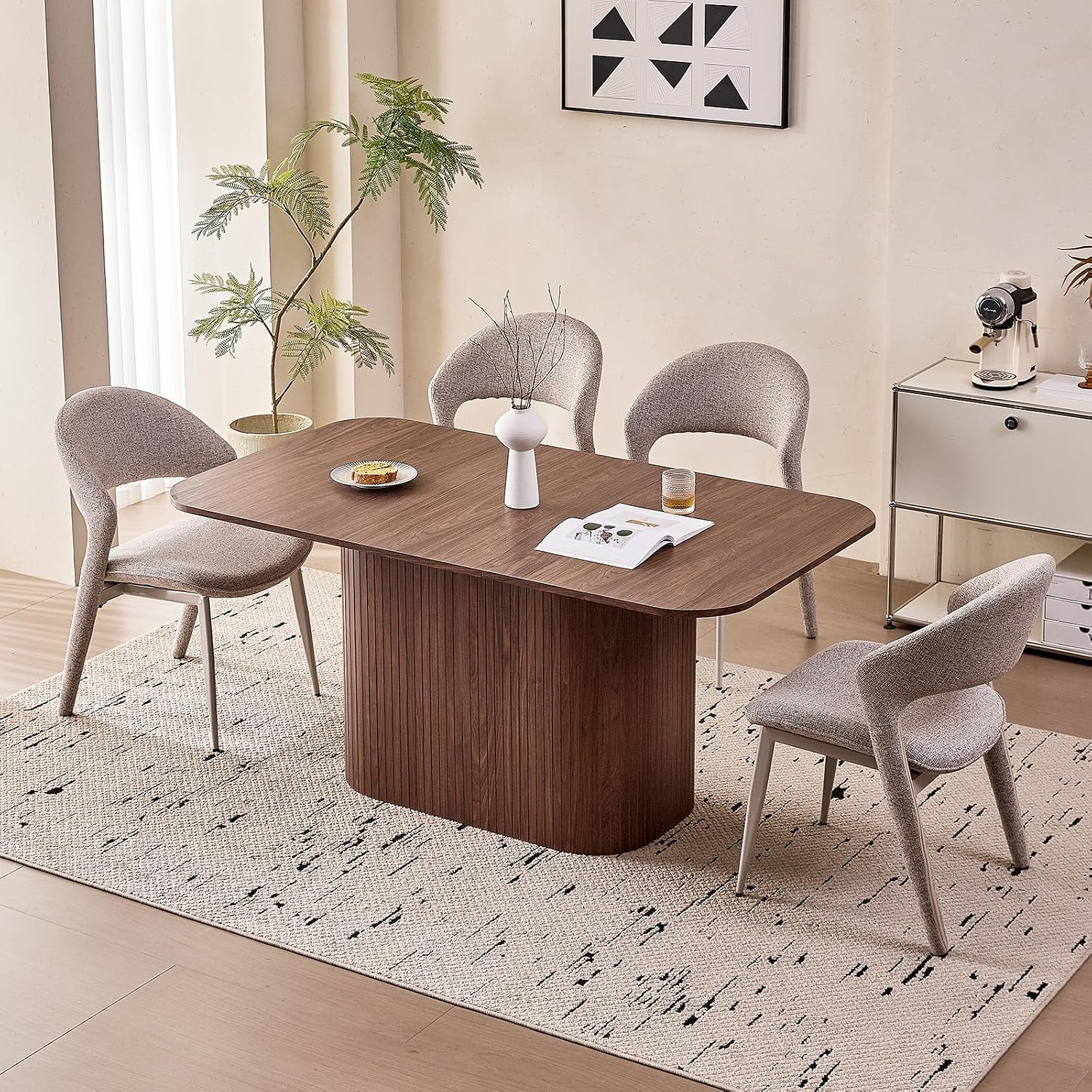 Large 63' Large Dining Table for 4 6, [Rounded Corners] [Grooved Pedestal Base] Modern Rectangle Kitchen Dinner Dining Living Room Table