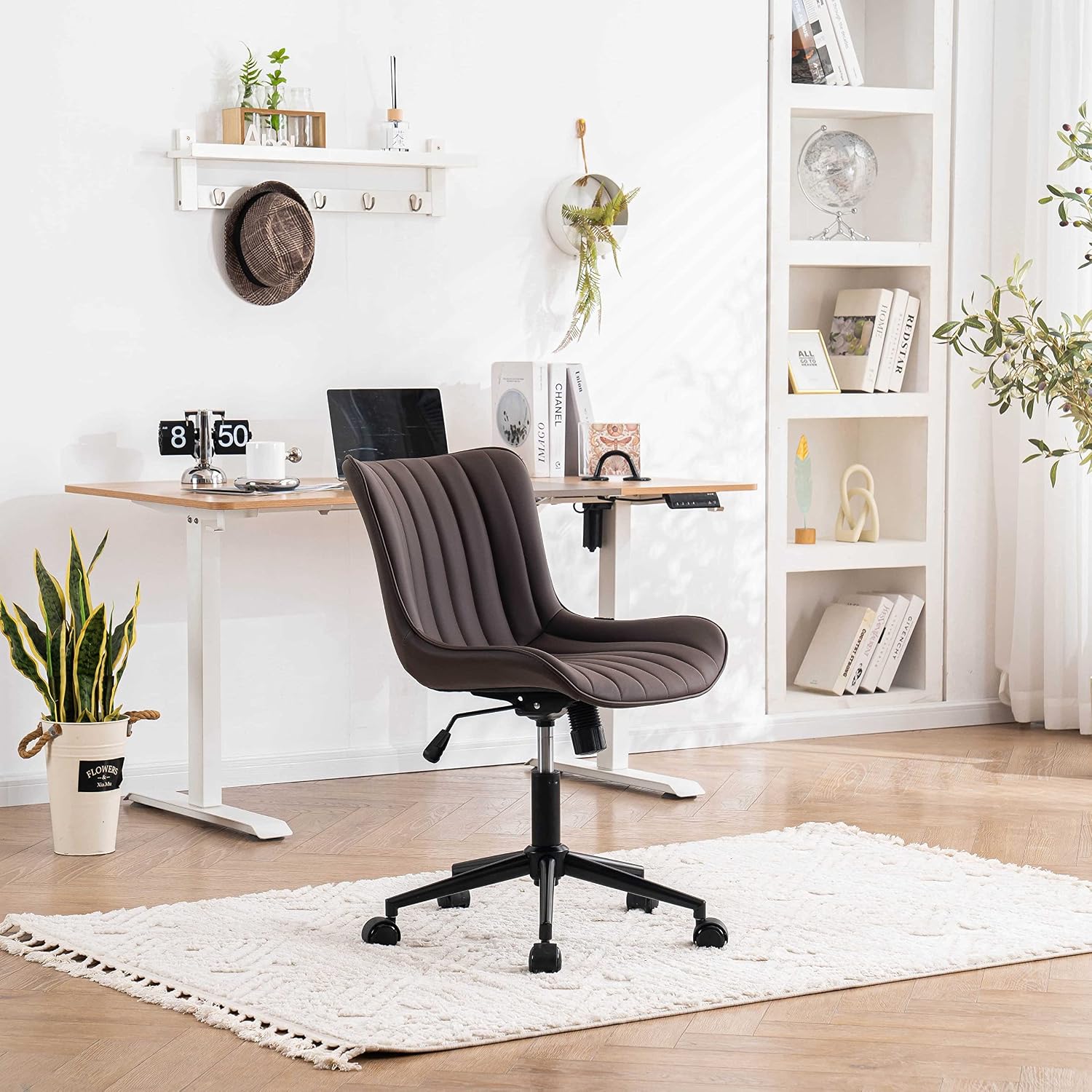 YOUNIKE Ergonomic Home Office Desk Chair with Wheels Comfy Armless Criss Cross Chair with Adjustable Back Modern Leather Upholstered Swivel Vanity Chair Small Cute Rolling Task Chair for Women Brown