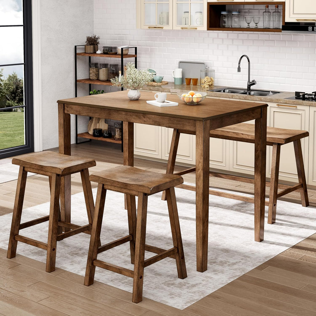 Sophia & William Dining Table Set for 4, Counter Height Table and Chairs, Kitchen Table Set with Bench and 2 Chairs, Small Breakfast Bar Dining Set, Rustic Caramel