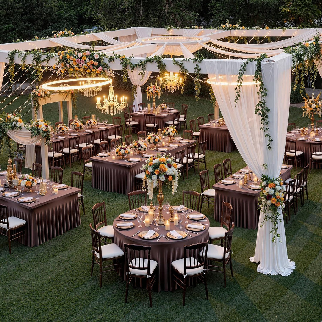 6 Pack Brown Spandex Round Tablecloths for 60 inch Table, Wrinkle Free Stretchy 120inch Fitted 5FT Round Table Cover Cloths with Skirt for Wedding Party Dining Banquet