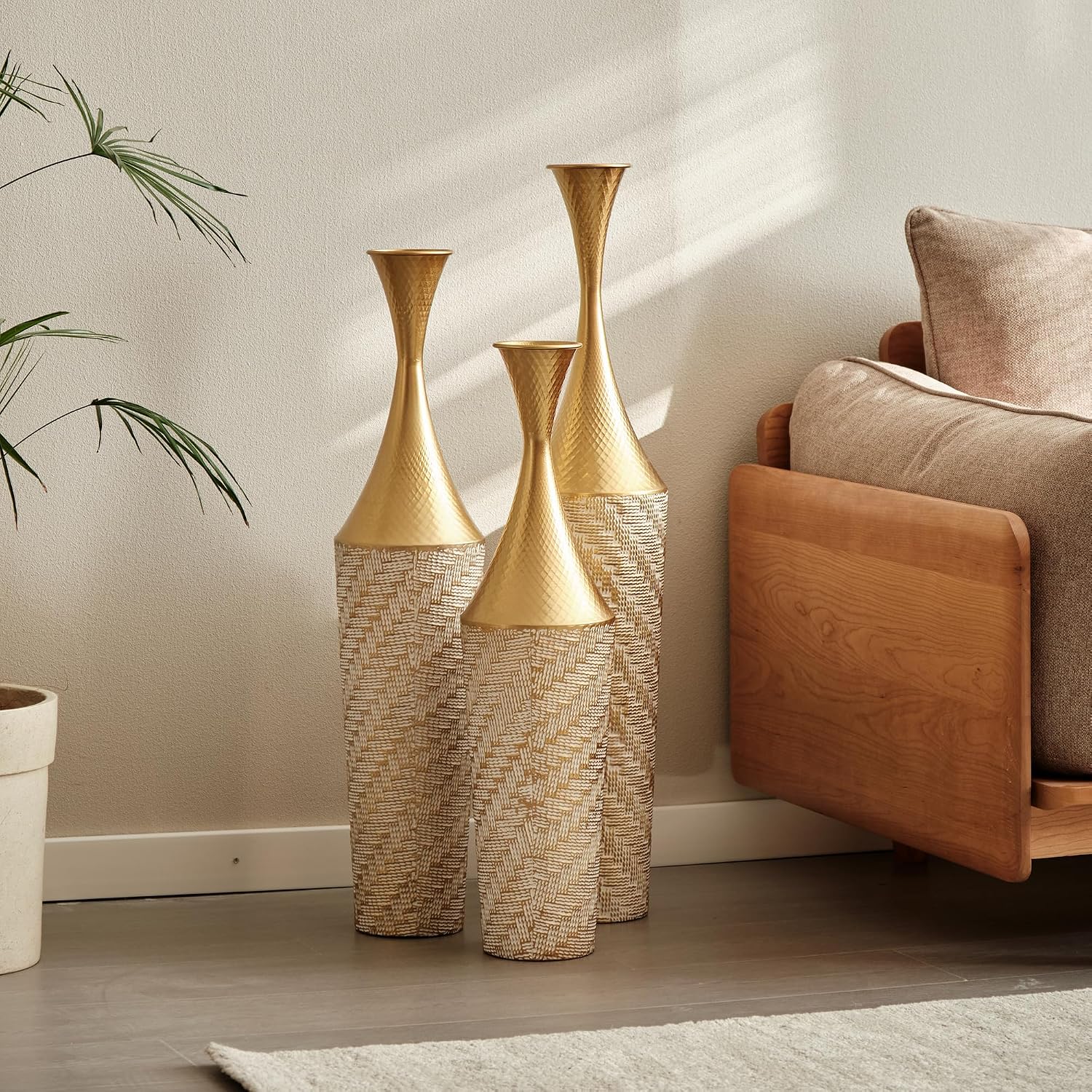 Floor Metal Decorated Vases Set of 3 for Gorgeous Home Decoration Large Glazed Metal Vases (Champagne)