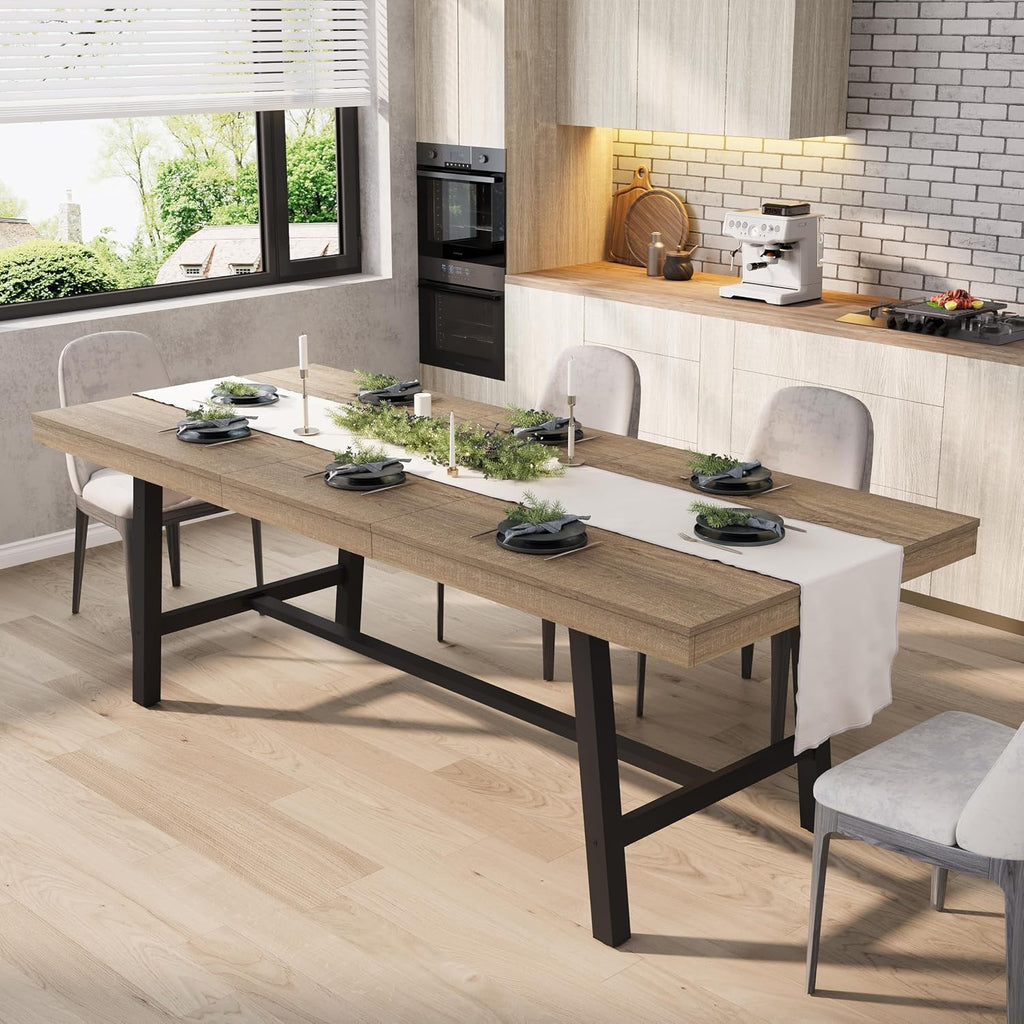 GarveeHome 63-83' Extendable Dining Table, Industrial Rectangular Dining Room Table for 6-8 People, Expandable Kitchen Table with Heavy Duty Metal Frame for Dining Room, Kitchen & Parties, Rustic Pear