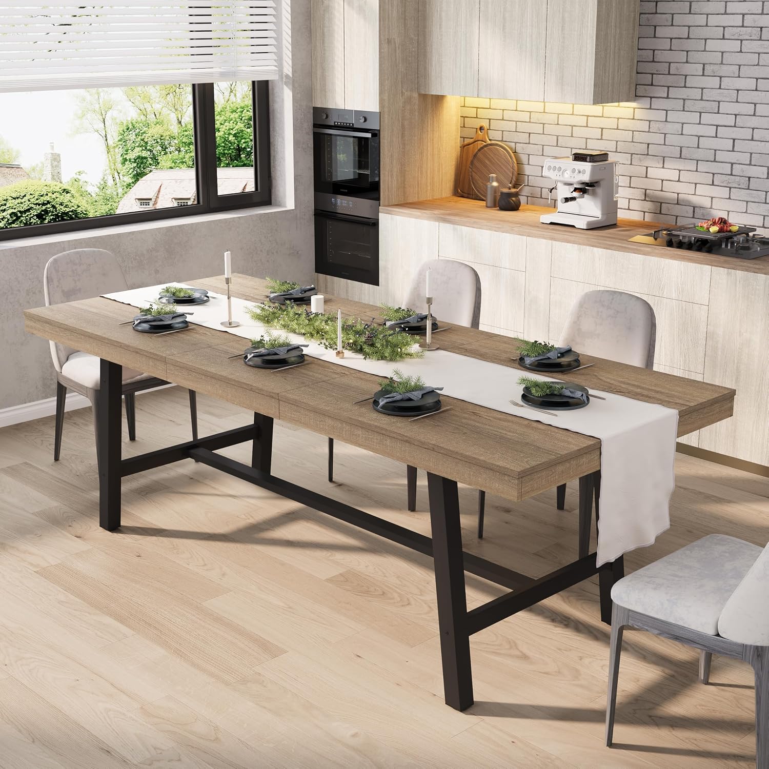 GarveeHome 63-83' Extendable Dining Table, Industrial Rectangular Dining Room Table for 6-8 People, Expandable Kitchen Table with Heavy Duty Metal Frame for Dining Room, Kitchen & Parties, Rustic Pear
