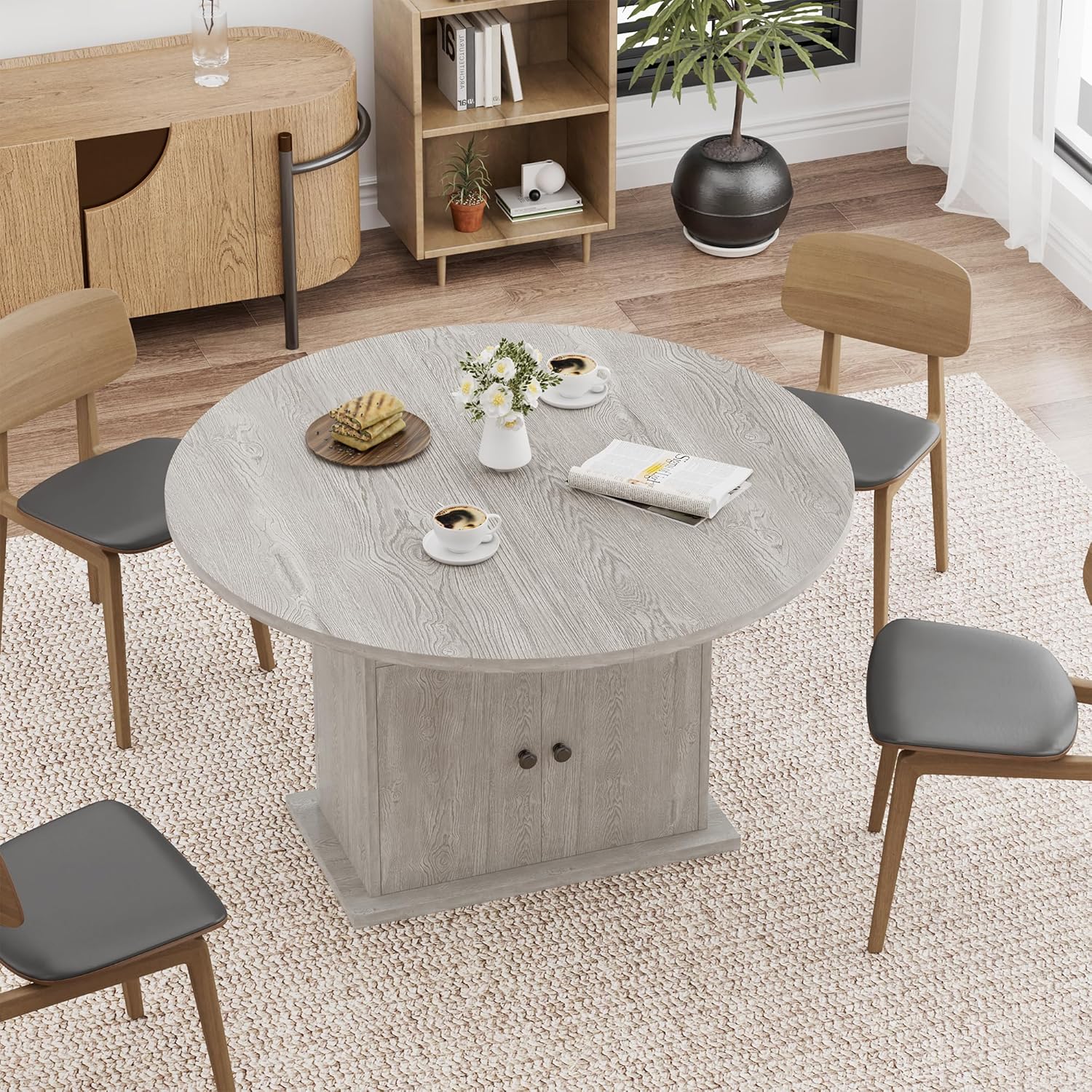 43.3in-59in Extendable Round Dining Table for 4-8, Modern Expandable Kitchen Oval Dining Table, Space Saving Circle Dining Room Table with Storage Shelf for Kitchen Living Room (Grey)