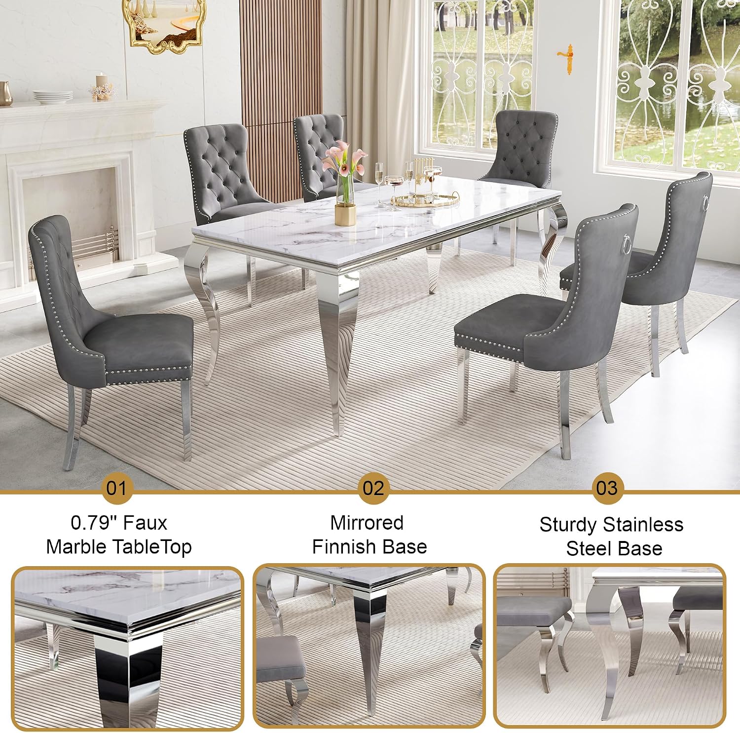 Marble Dining Table Set for 6,70' White Faux Marble Kitchen Table and Velvet Chairs for 6,7 Piece Luxury Dining Room Table Set and 6 Grey Tufted Dinning Chairs with Silver Stainless Steel Legs