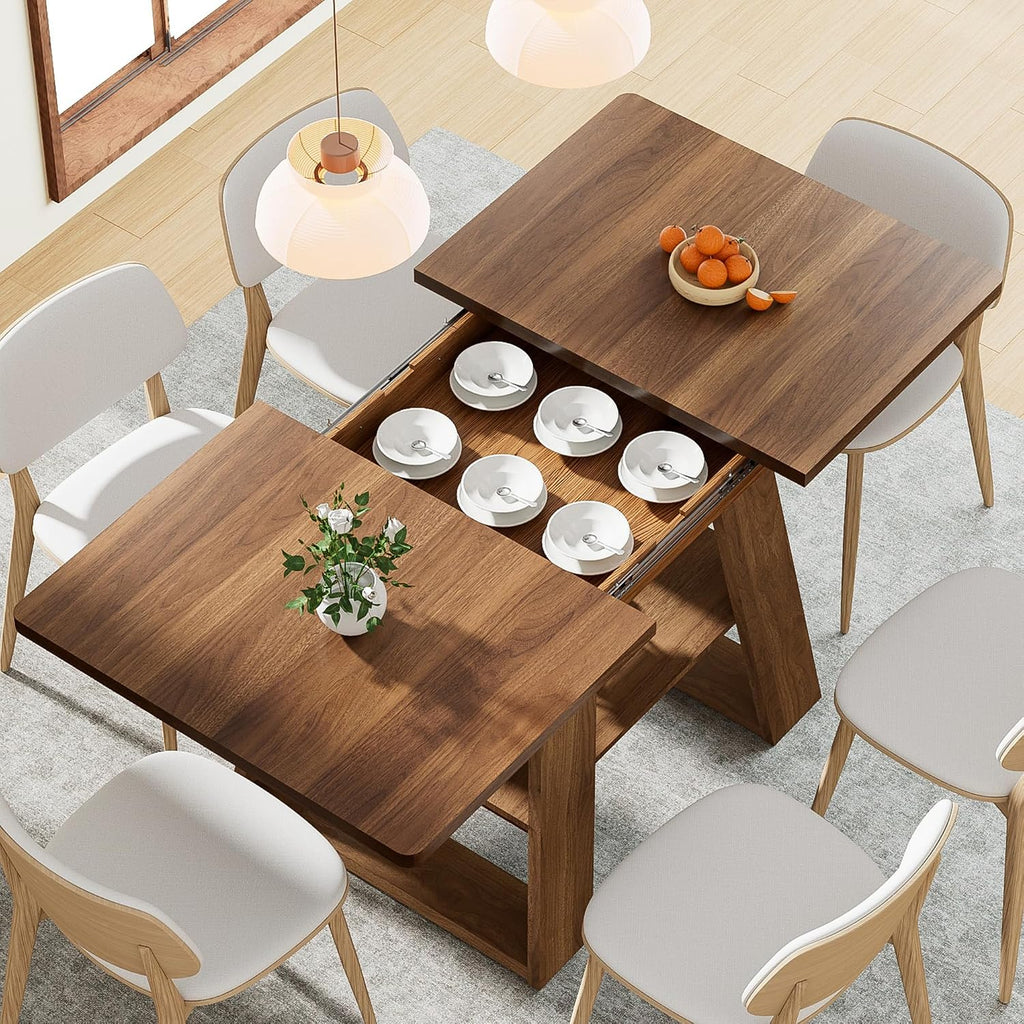 Lxsxlome 47.24''-66.92'' Extendable Dining Room Table for 4-6, Rectangle Extendable Kitchen Table with Removable Leaves, Space Saving, Wooden Dining Table with Storage Shelf (Style 2, Walnut)