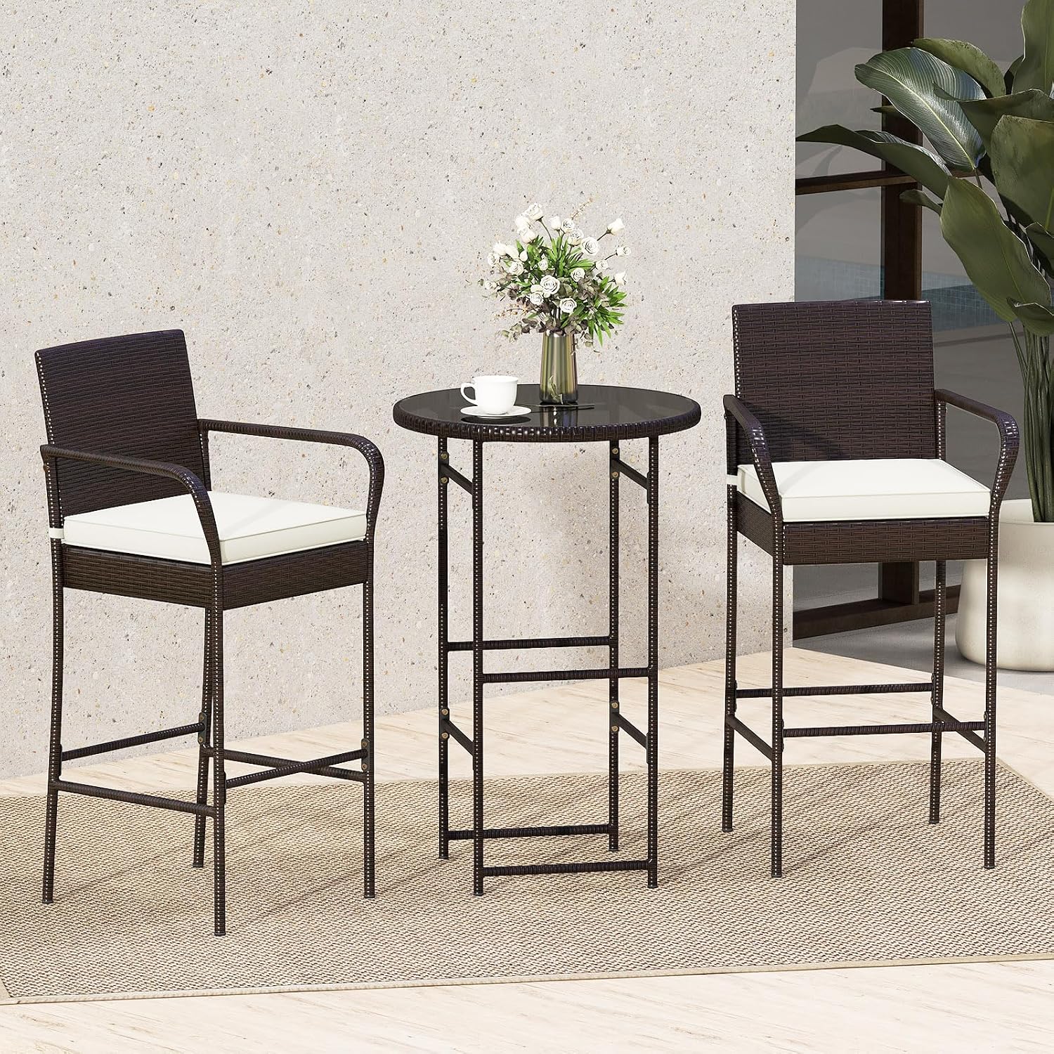 Tangkula 3 Piece Outdoor Bar Set, Patio Rattan Heavy Duty Bar Height Glass Top Table & Chairs w/ 2 Cushioned Barstools, for Porch, Yard, Poolside