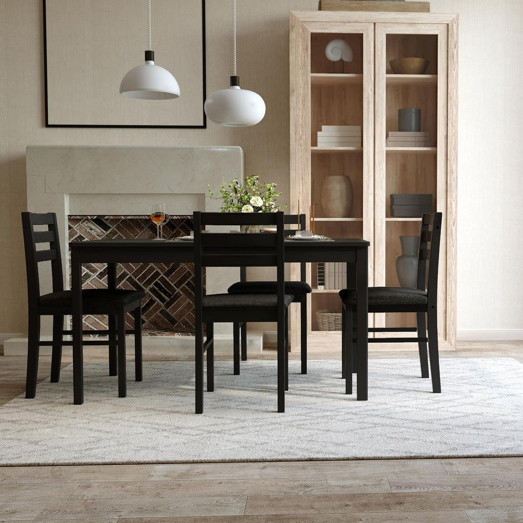5-Piece Solid Wood Indoor Modern Rectangular Dining Table Set for 4,Table and 4 Chairs Set with Soft Cushions for Kitchen,Bar,Living Room,Breakfast Nook,Black