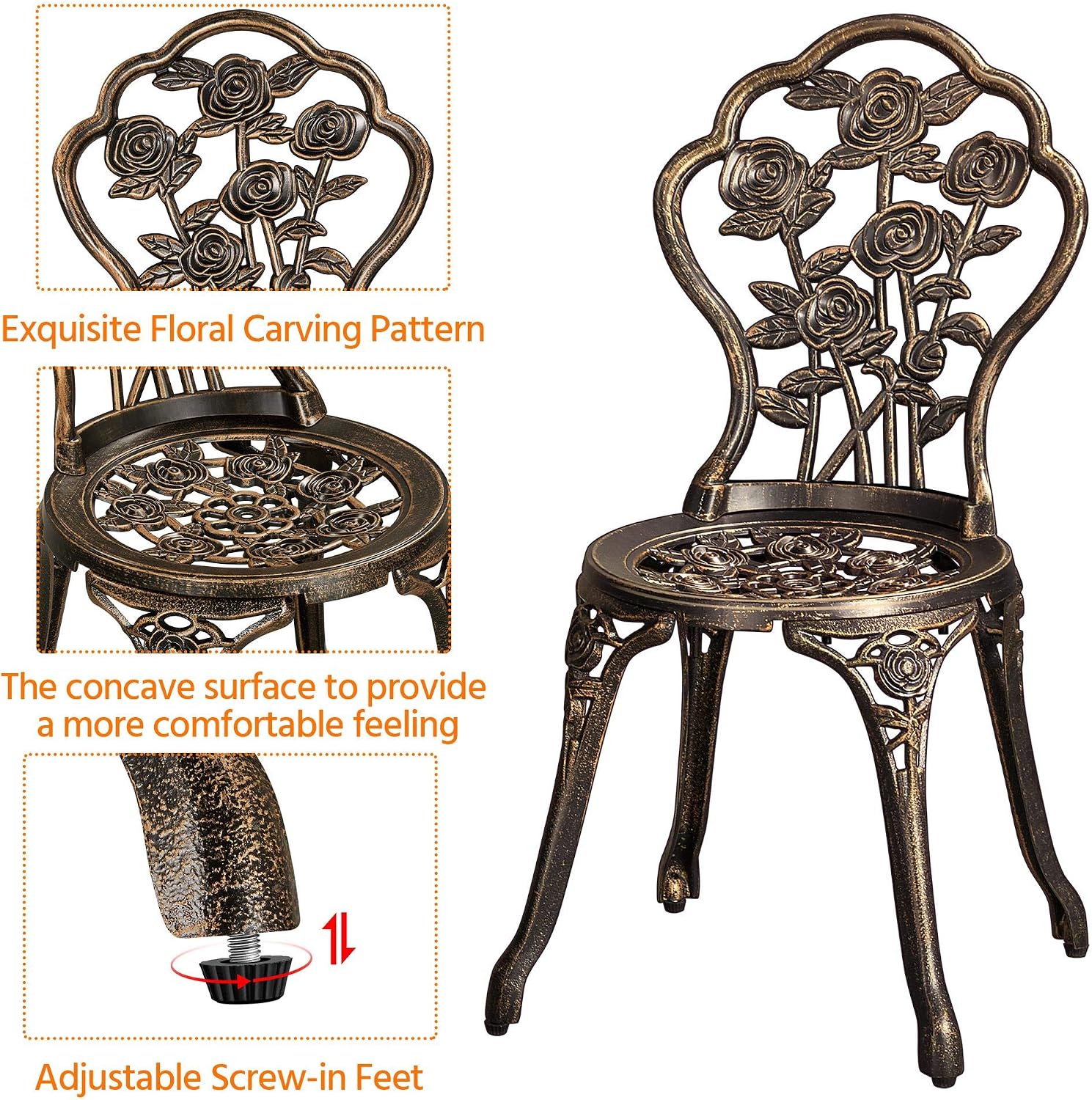 Yaheetech 3-Piece Outdoor Bistro Set w/Rose Design, Rust-Resistant Cast Aluminum Table and Chairs w/Umbrella Hole for Balcony Backyard Garden - Bronze