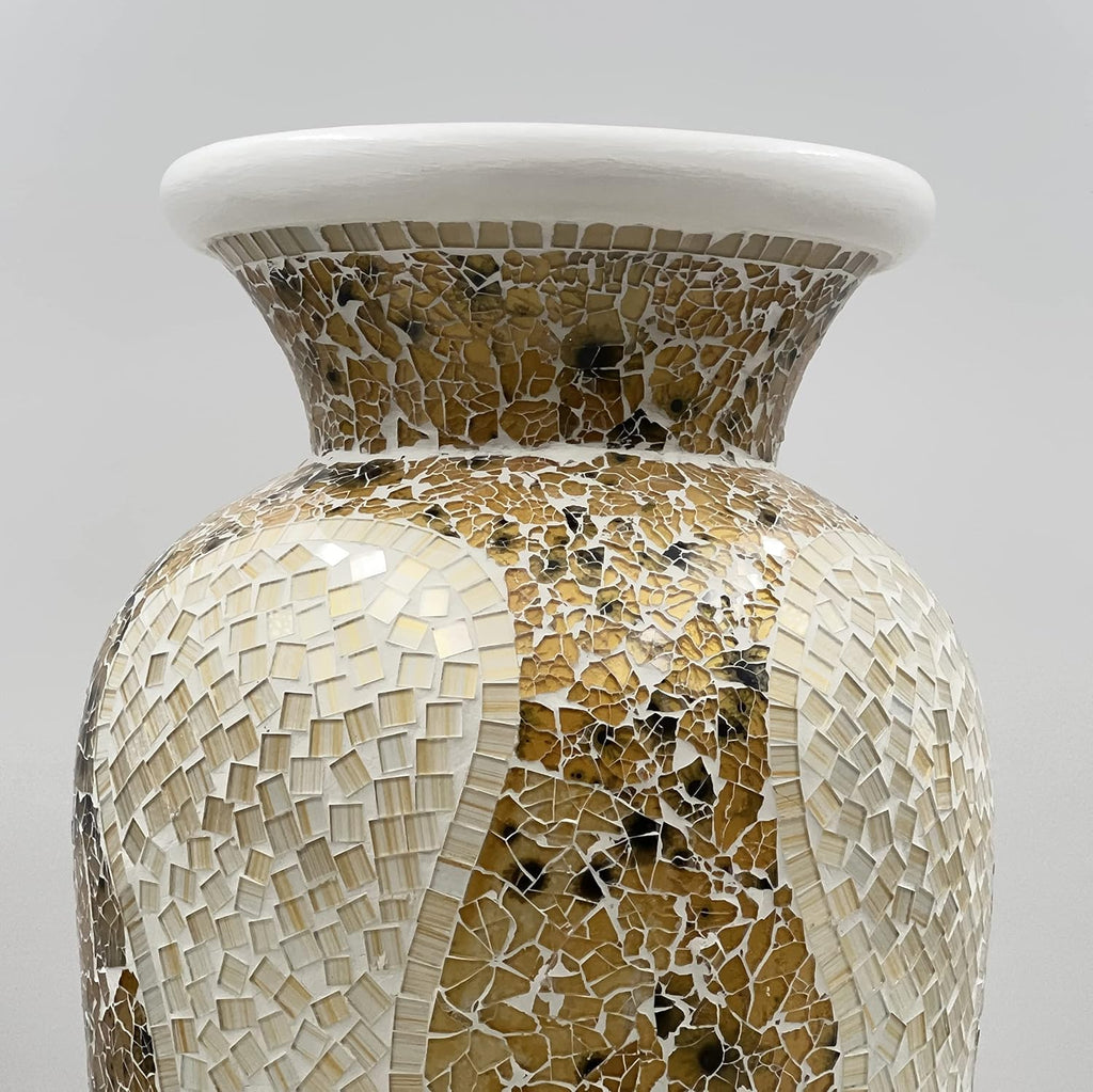 Floor Vase – Tall Cylinder Made of Terracotta with Light Caramel and White Glass Mosaic Pieces – Exquisite Home Décor Accent Piece (24 x 10 Inches)