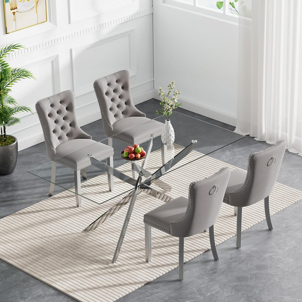 HomVent 5 Piece Rectangular Glass Dining Table Set, Tempered Glass Dinner Table Set for 4 Kitchen Table Set with 4 Velvet Upholstered Chairs for Kitchen Dining Room