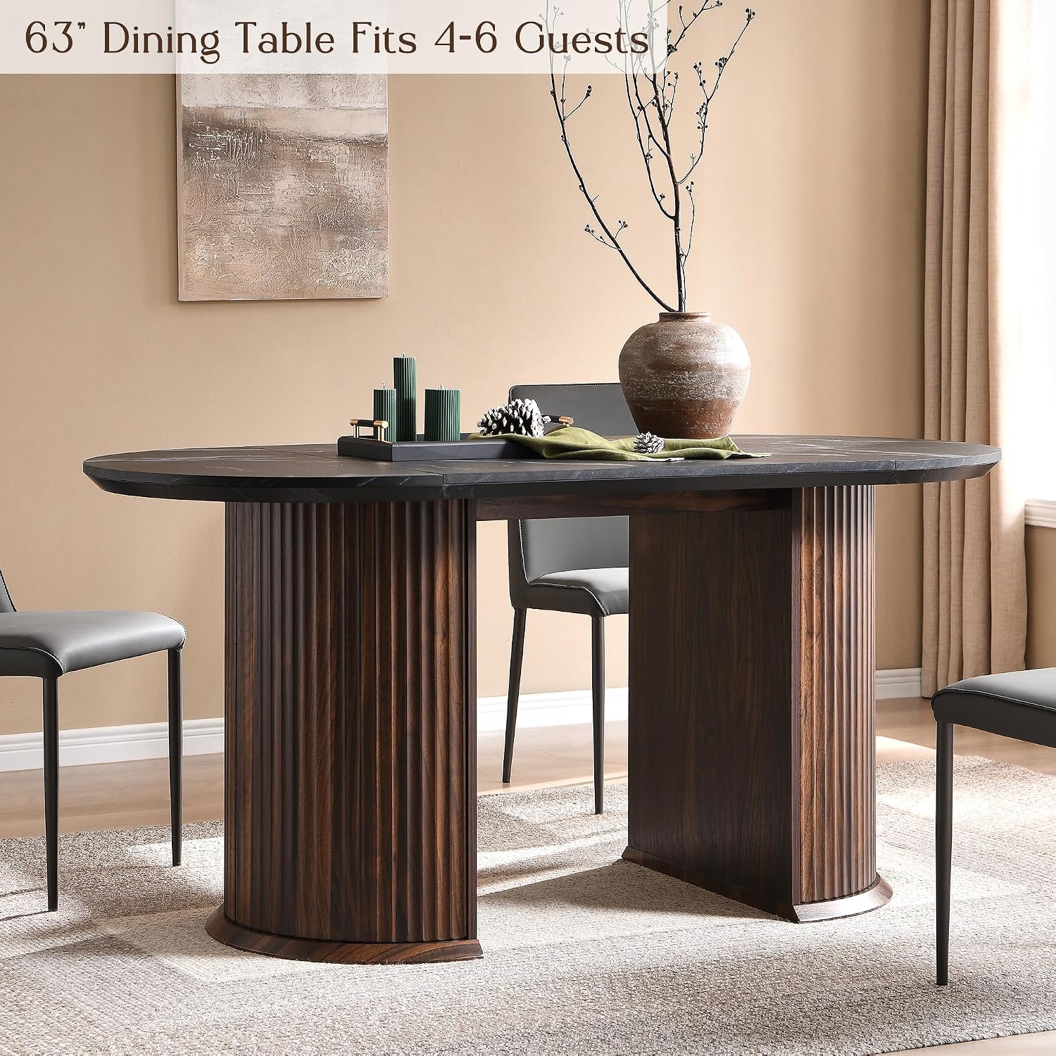 T4TREAM 63' Fluted Oval Dining Table for 4-6, Mid-Century Modern Kitchen Table with Thickened Edge & Semi-Cylindrical Base, Wood Table for Dining Room/Kitchen/Home Office, Black & Walnut(Table Only)