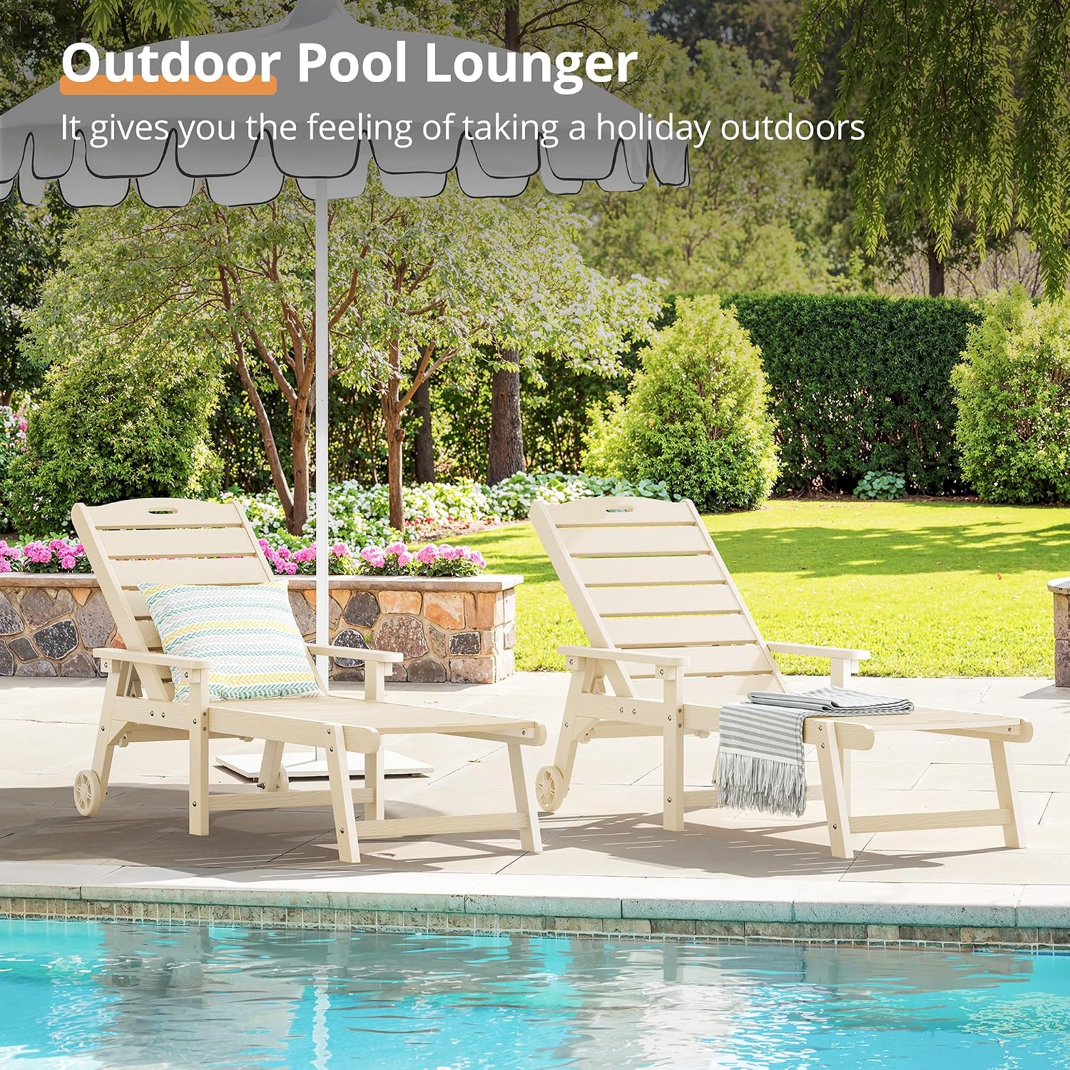 LUE BONA Chaise Lounge Chairs Set with Table, 3-Piece, 79'' Oversized HDPS Material, 5 Positions Adjustable Patio Lounge Chairs, Pool Lounge Chair with Wheels for Poolside, 3-Year Warranty, Sand