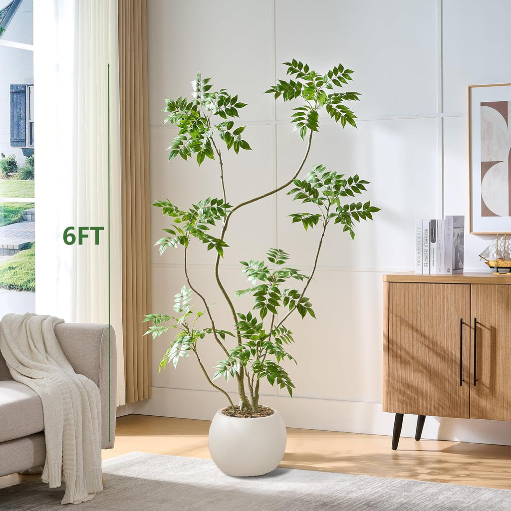 Artificial Mahonia Tree 6FT, Realistic Faux Indoor Tree with White Planter and Decorative Stones, Real-Touch Leaves, Bendable Branches, Tall Fake Floor Plant for Living Room Office Entryway Decor