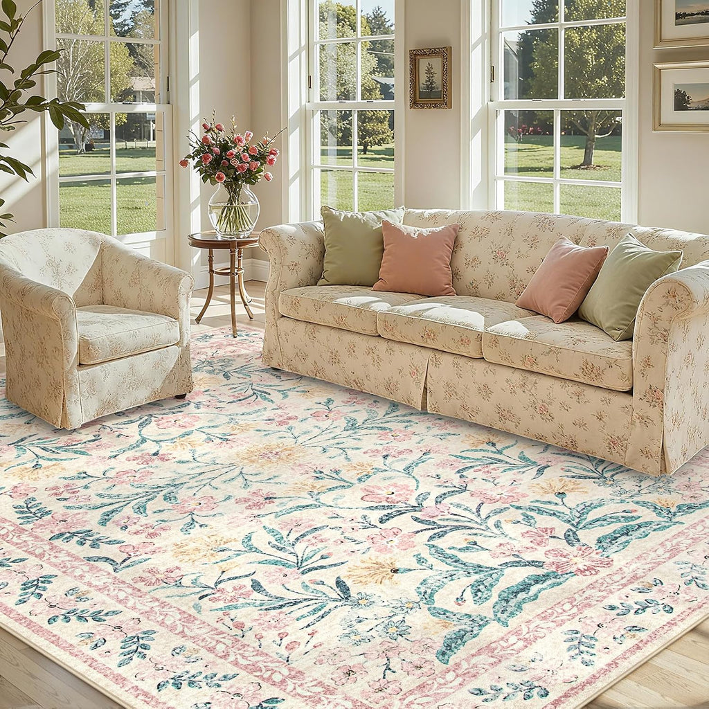 Lahome Sylvie Area Rugs 8x10 for Living Room, Boho Machine Washable Pink Cottage Decor for Girls Bedroom, Ultra-Thin Soft Cute Non Slip Floral Carpets for Dorm Reading Room Classroom, Pink/Multi