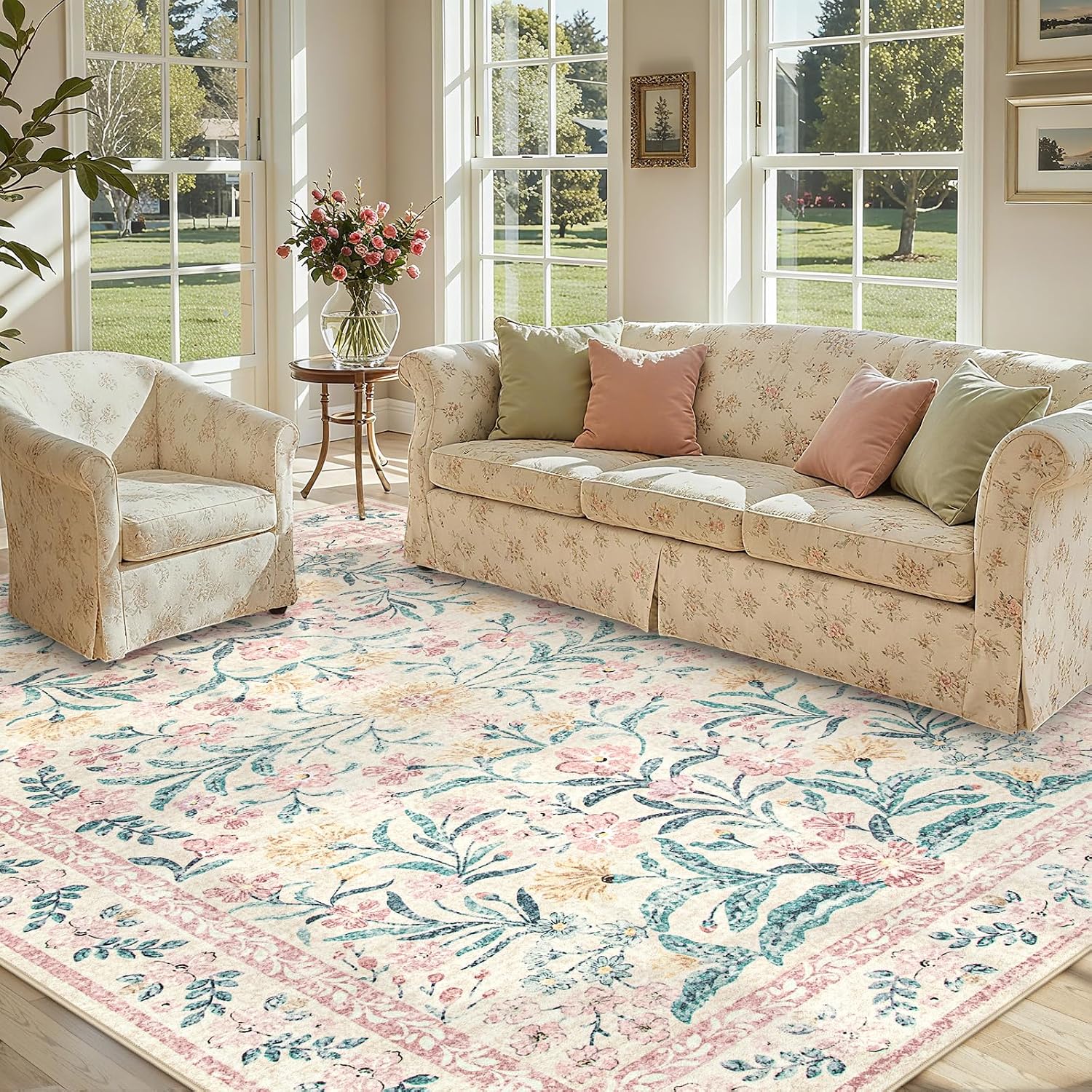 Lahome Sylvie 9x12 Pink Nursery Playroom Rug, Boho Washable Floral Rug for Girl Bedroom Kids Room, Soft Cottage Core Thin Non Slip Carpet for Living Room Guestroom, Blush