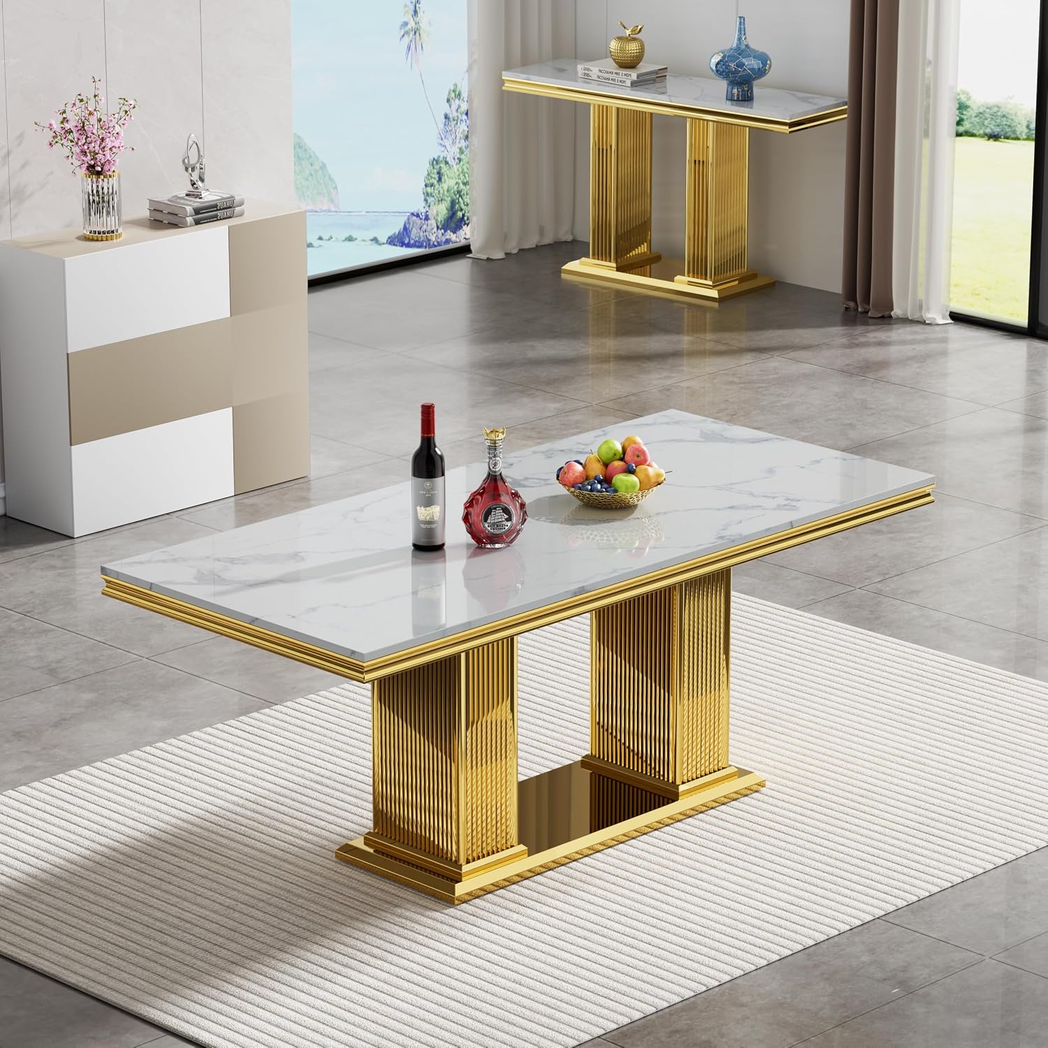 68' White Marble Dining Table for 6 to 8, Luxury Large Rectangular Faux Marble Tabletop & Gold Double Pedestal Base, Mid Century Modern Kitchen Dining Room Table for Dinner Family Gathering