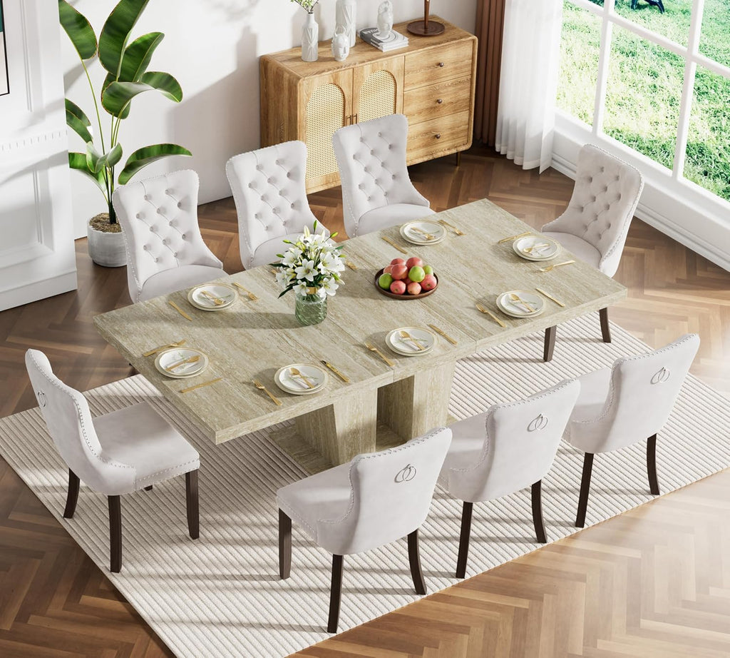Henf 9 Pieces Extendable Dining Table Set for 8, 63'-79' Faux Mars Kitchen Table Set with 8 Beige Chairs, Faux Marble Expandable Dining Room Tables Set for 8,Modern Dinner Tables Set for 8