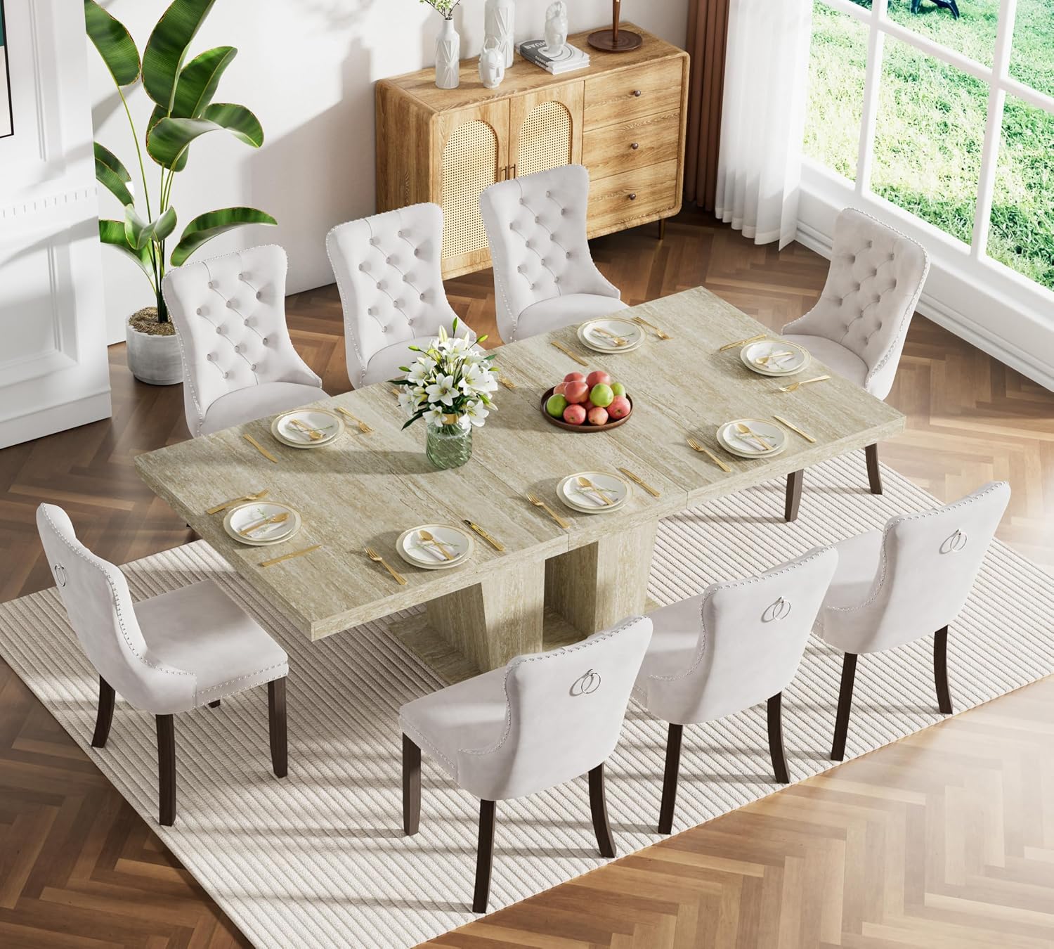 Henf 9 Pieces Extendable Dining Table Set for 8, 63'-79' Faux Mars Kitchen Table Set with 8 Beige Chairs, Faux Marble Expandable Dining Room Tables Set for 8,Modern Dinner Tables Set for 8