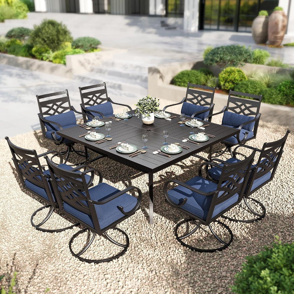 PHI VILLA Large Outdoor Square Dining Table for 8, 57.5' Metal Steel Slat Table with Umbrella Hole, Weather-Resistant Dining Fruniture for Patio, Deck, Backyard, Porch - Black