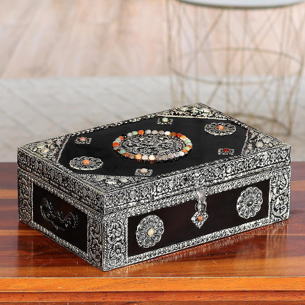NOVICA Nickel Repousse Mango Wood Jewelry Box with Glass Accents, 'Antique Sophistication'