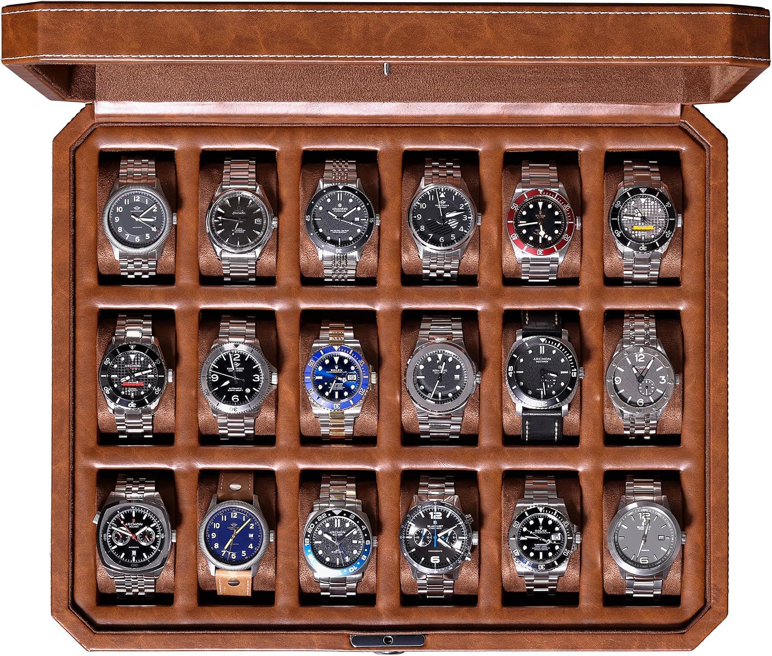 ROTHWELL 18-Slot Watch Case – Luxury Watch Box for Men, Real Glass Top, Lockable, Elegant Display for Collections (Tan/Brown)