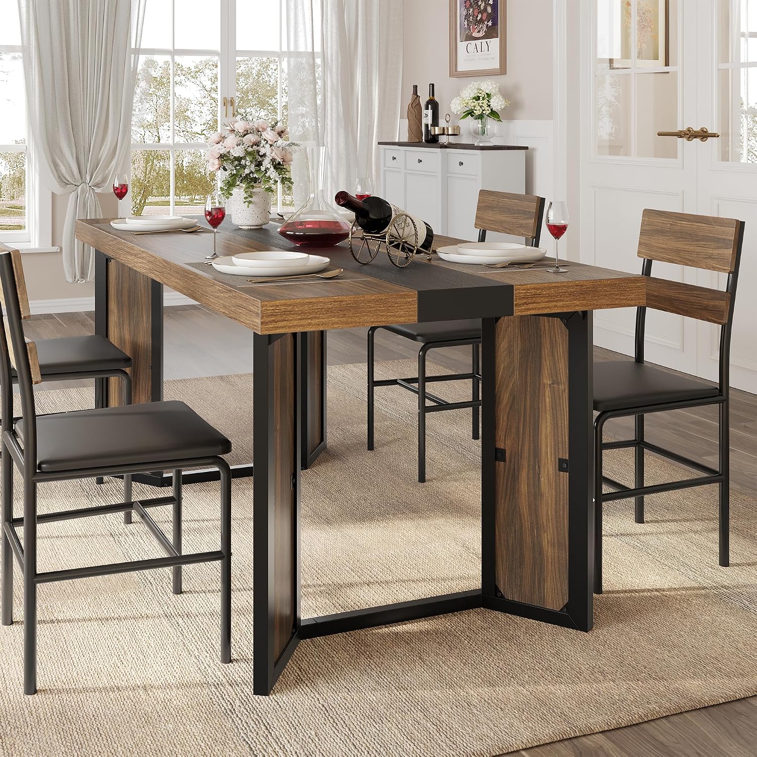 Industrial Dining Table for 6-8 People, 71' Large Long Wooden Kitchen Table with Sturdy Metal Frame & Brown Finish, Rustic Style Rectangular Dinner Table for Dining Room, Kitchen (Reddish Brown )