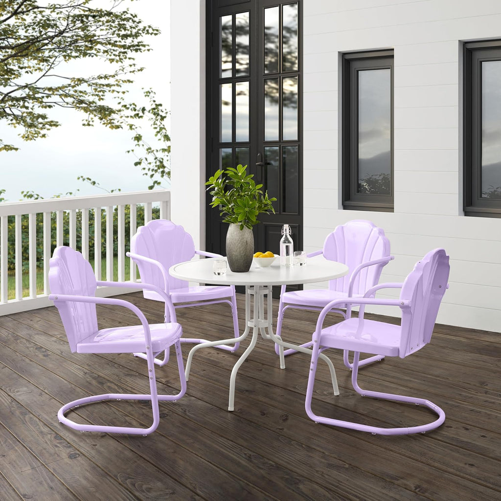 Crosley Furniture Tulip 5-Piece Outdoor Dining Set for 4, Vintage Retro Metal Round Patio Table and Chairs, Lavender Gloss/White Satin