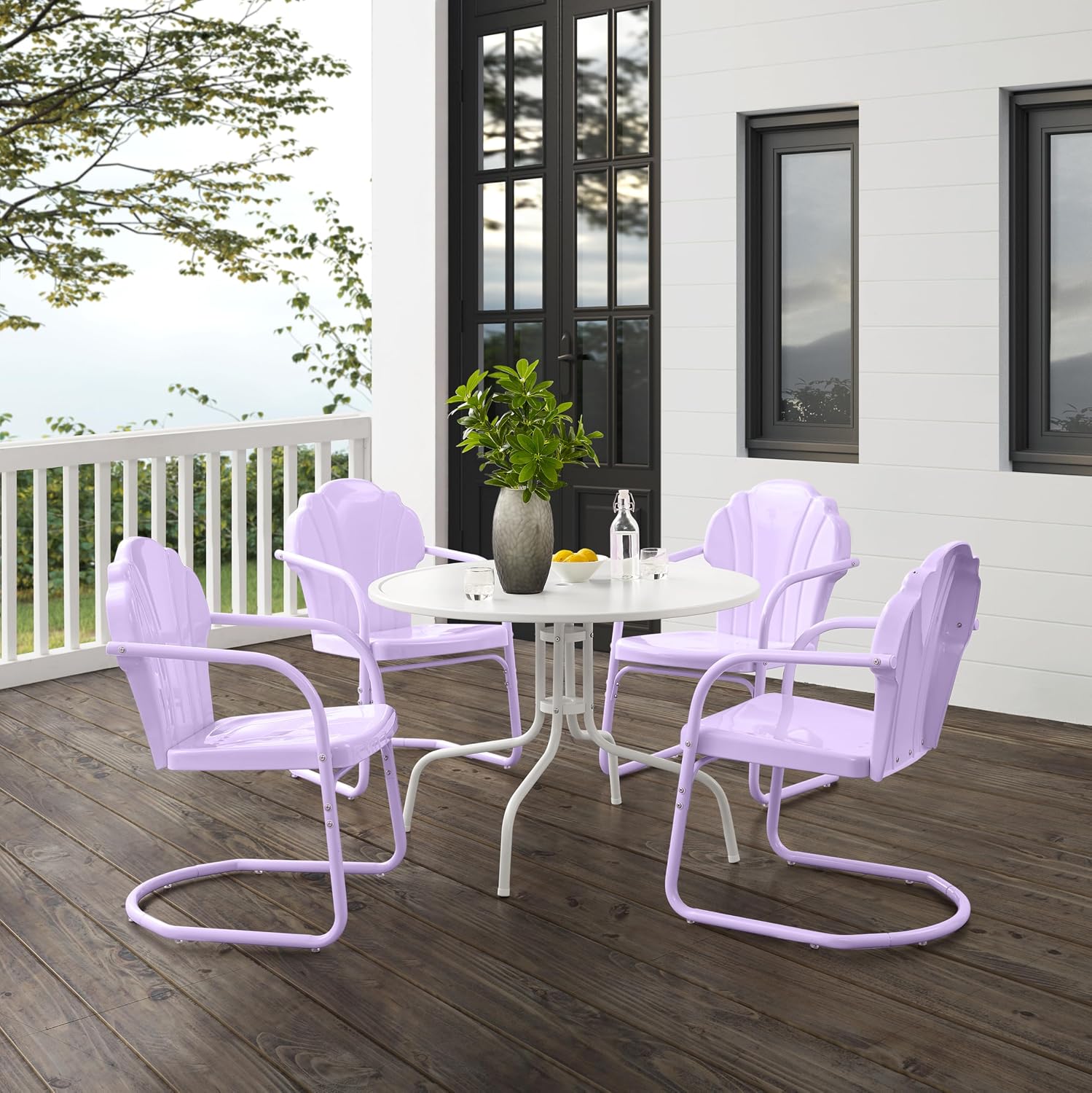 Crosley Furniture Tulip 5-Piece Outdoor Dining Set for 4, Vintage Retro Metal Round Patio Table and Chairs, Lavender Gloss/White Satin