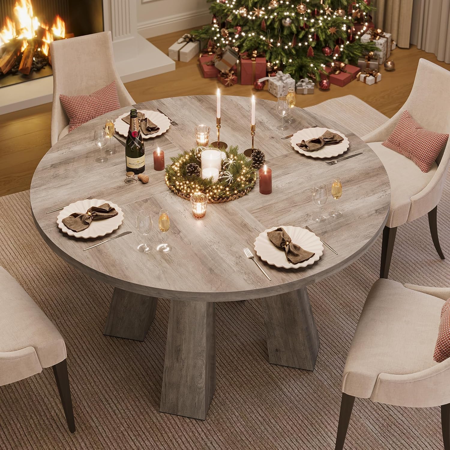 IDEALHOUSE 47' Round Dining Table for 4-6, Wood Kitchen Table with Sturdy Base, Farmhouse Circle Dinner Table for Dining Room, Living Room, 4 Strong Legs, Grey