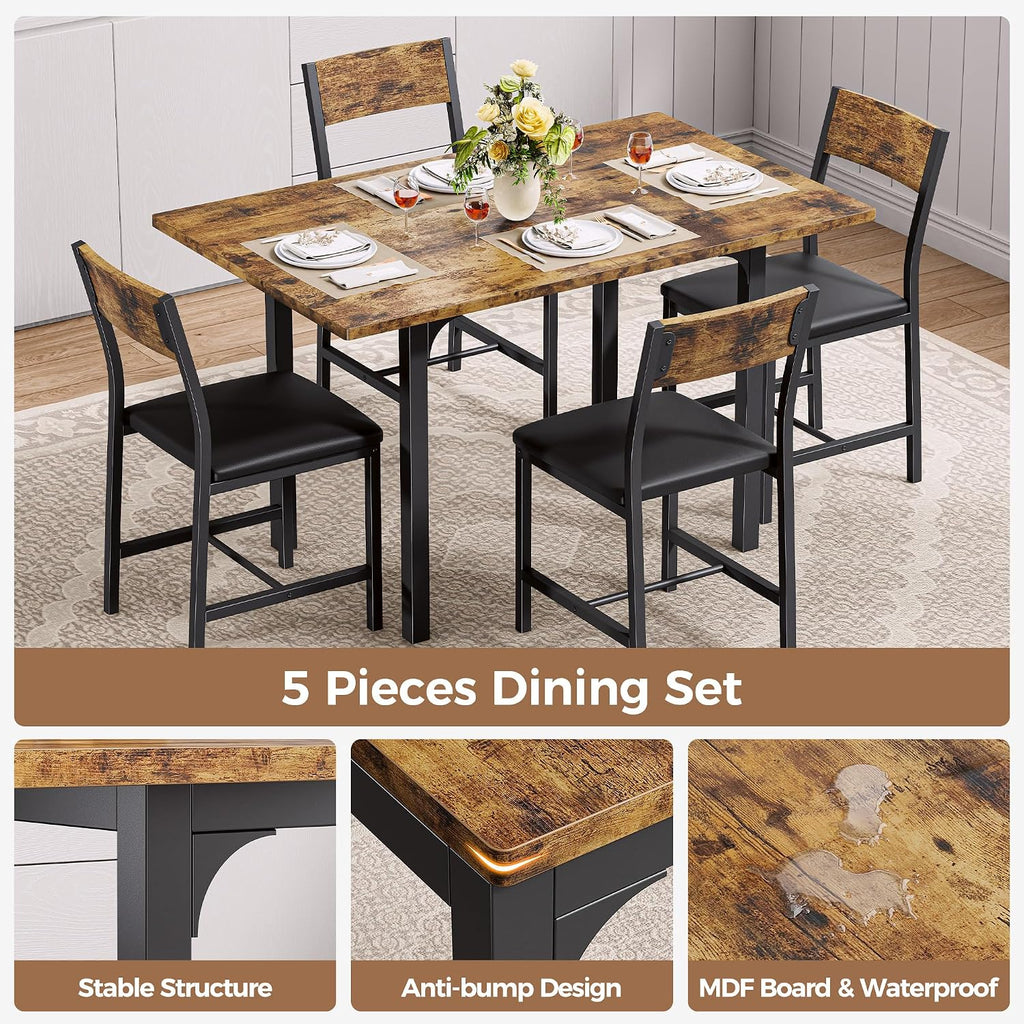 IRONCK 5-Piece Dining Table Set for 4, Extendable Kitchen Table Chairs Set of 4, Dining Room Table with 4 Upholstered Chairs, Folding for Small Space, Apartment, Rustic Brown