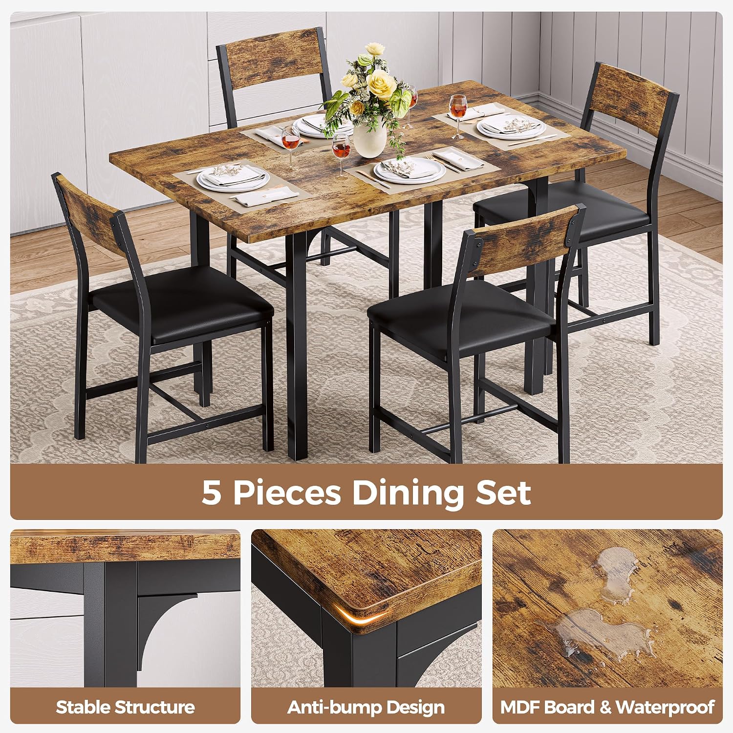 IRONCK 5-Piece Dining Table Set for 4, Extendable Kitchen Table Chairs Set of 4, Dining Room Table with 4 Upholstered Chairs, Folding for Small Space, Apartment, Rustic Brown