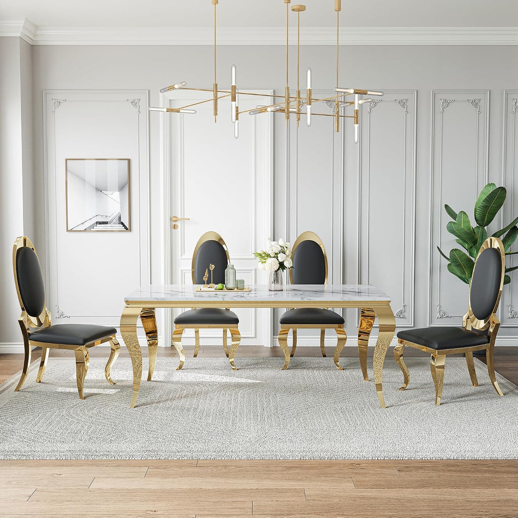 AF ARTISAN FURNITURE Modern Marble Dining Table Set of 4-70' Faux Marble Kitchen Table with 4 Leather Chairs, White Marble Top & Gold Mirrored Stainless Steel Legs, 4 Pieces Black High Back Chairs-c