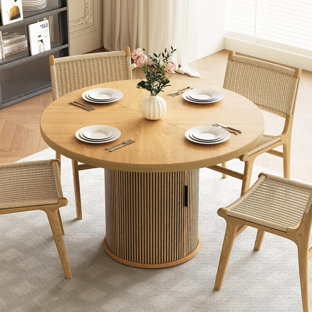 47 inch Round Dining Table for 4, Farmhouse Kitchen Table with 2-Layer Storage Shelf and Wood Slide Door Modern Dinner Table or Home Dining Room Living Room (Natural)