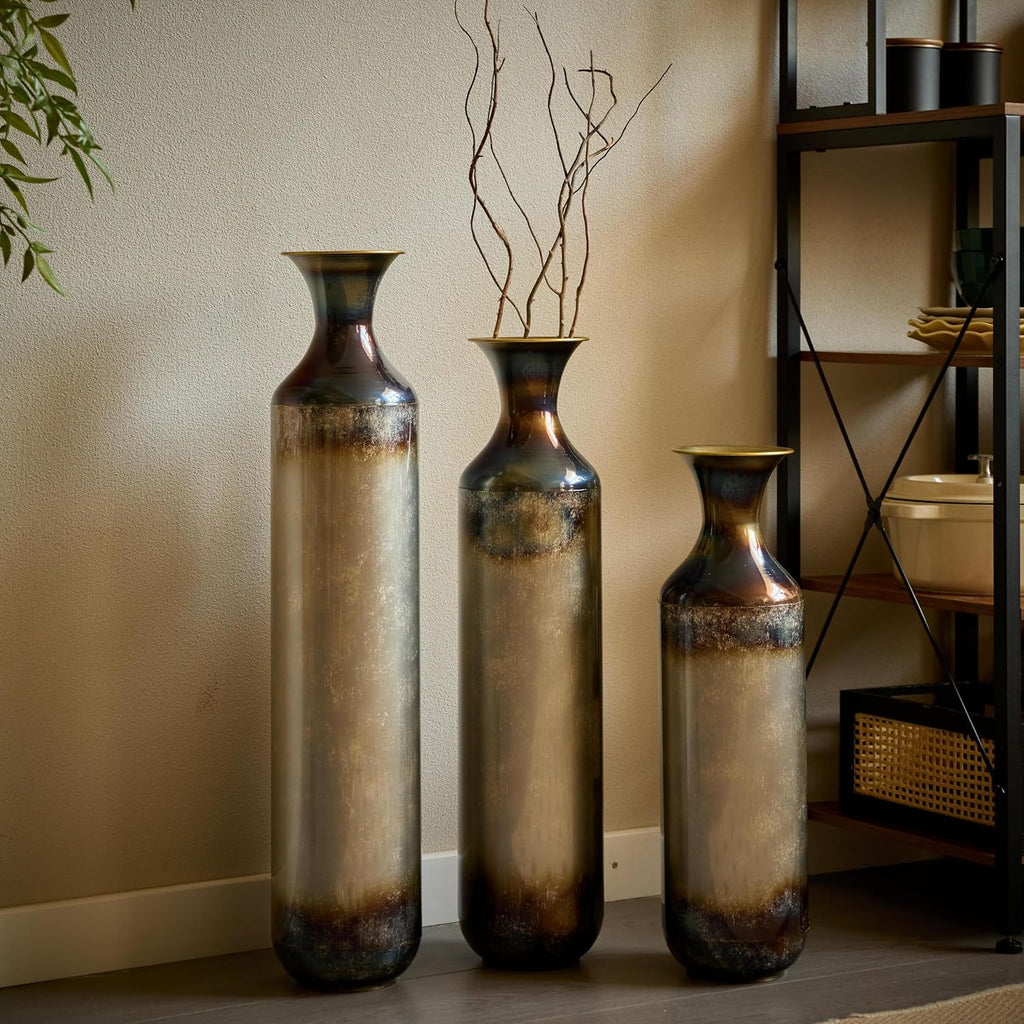 Tall Floor Vases Set of 3 - Modern White & Gold Metal Vases for Home Decor, Large Decorative Vase for Living Room, Entryway, Wedding & Centerpiece Display