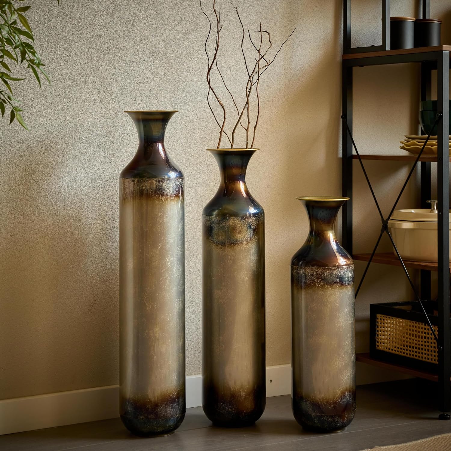 Tall Floor Vases Set of 3 - Modern White & Gold Metal Vases for Home Decor, Large Decorative Vase for Living Room, Entryway, Wedding & Centerpiece Display