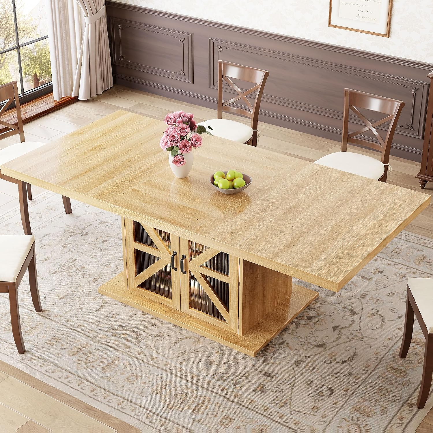 LVB Dining Table for 4-6, Modern Wood Dining Room Table, Farmhouse Rectangular Kitchen Table with Storage & Fridge Space, Large Rustic Eating Dinner Tables for Kitchen, Living Room, Oak, 63 Inch