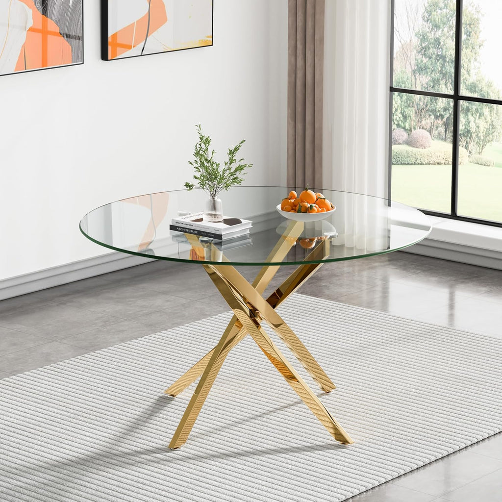 47.24' Round Dining Table for 6 8, Modern Clear Glass Kitchen Table for 6 with Gold X Metal Legs, Contemporary Circle Dining Room Leisure Tables for Kitchen Apartment