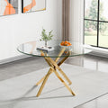 47.25' Round Dining Table for 6, Modern Clear Glass Kitchen Table for 6 with Gold X Metal Legs, Contemporary Small Circle Dining Room Leisure Tables for Kitchen Apartment