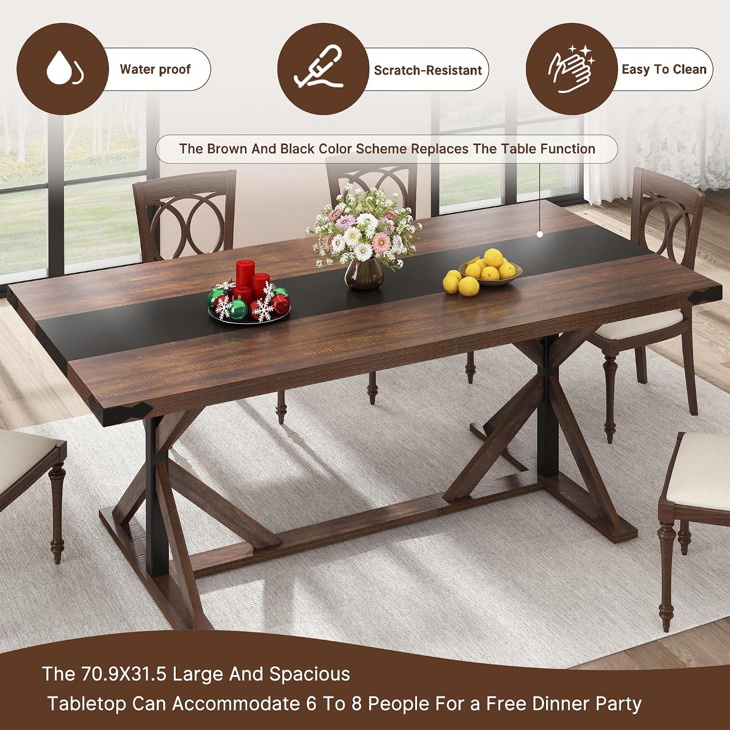 Hlivelood 71 Inch Dining Table for 6 People, Rectangular Kitchen Farmhouse Table W/Thickness Waterproof Wood Tabletop,Long Dining Room Tables W/Wood Strip Base for Kitchen Living Room(BR)