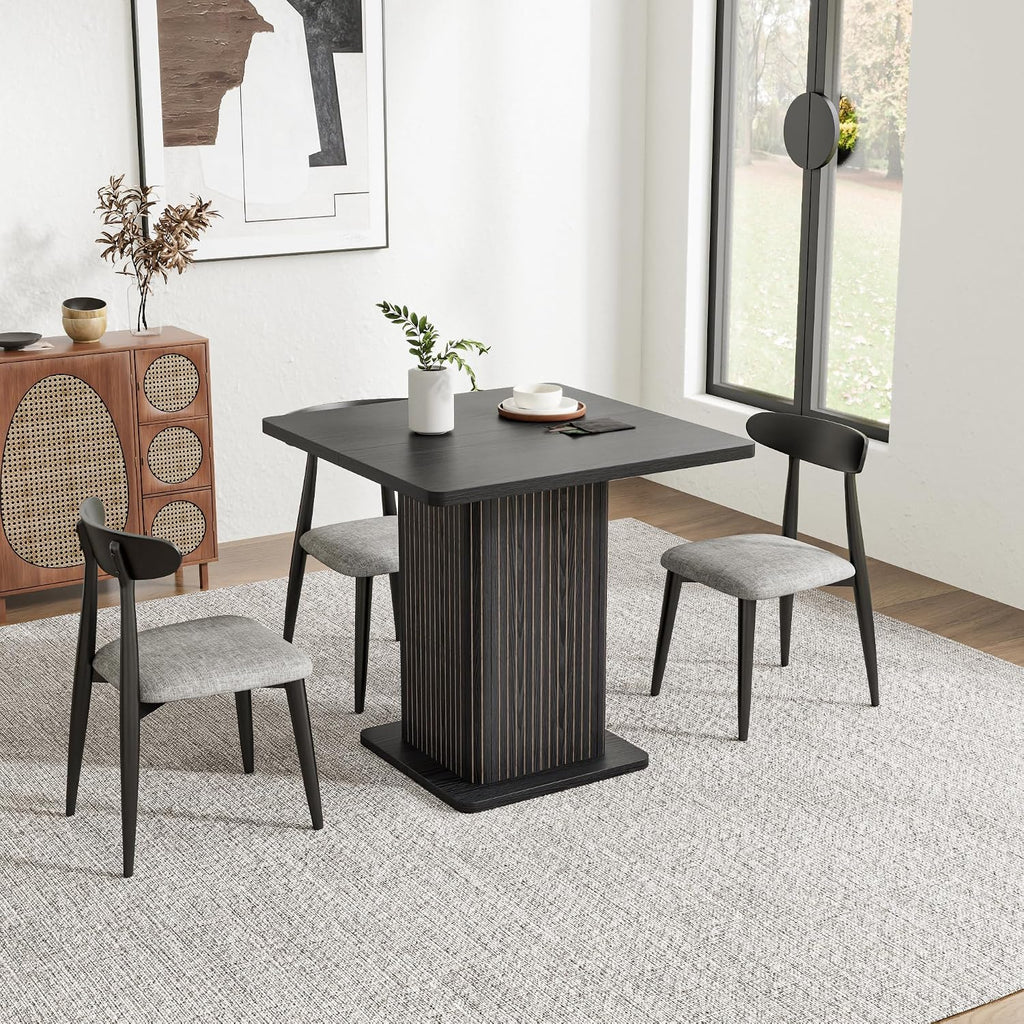 Small Black Dining Table for 2-4, 31.5 Inch Farmhouse Square Kitchen Table with 2-Tier Storage Shelf, Modern Wood Dinner Furniture with Fluted Doors, Dining Room, Living Room, Space Saving